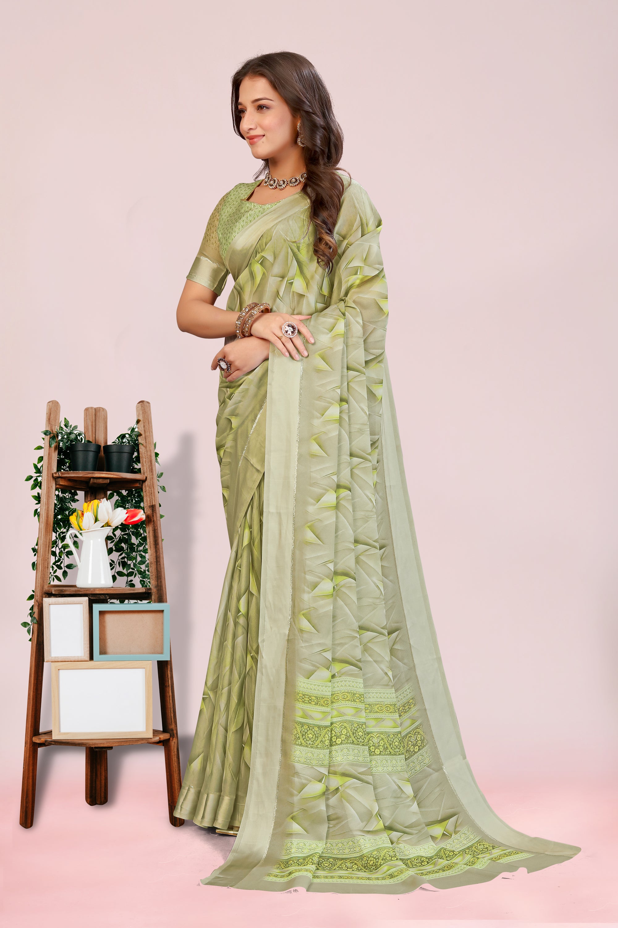 Amita Lime Green Dull Moss with Satin Border
