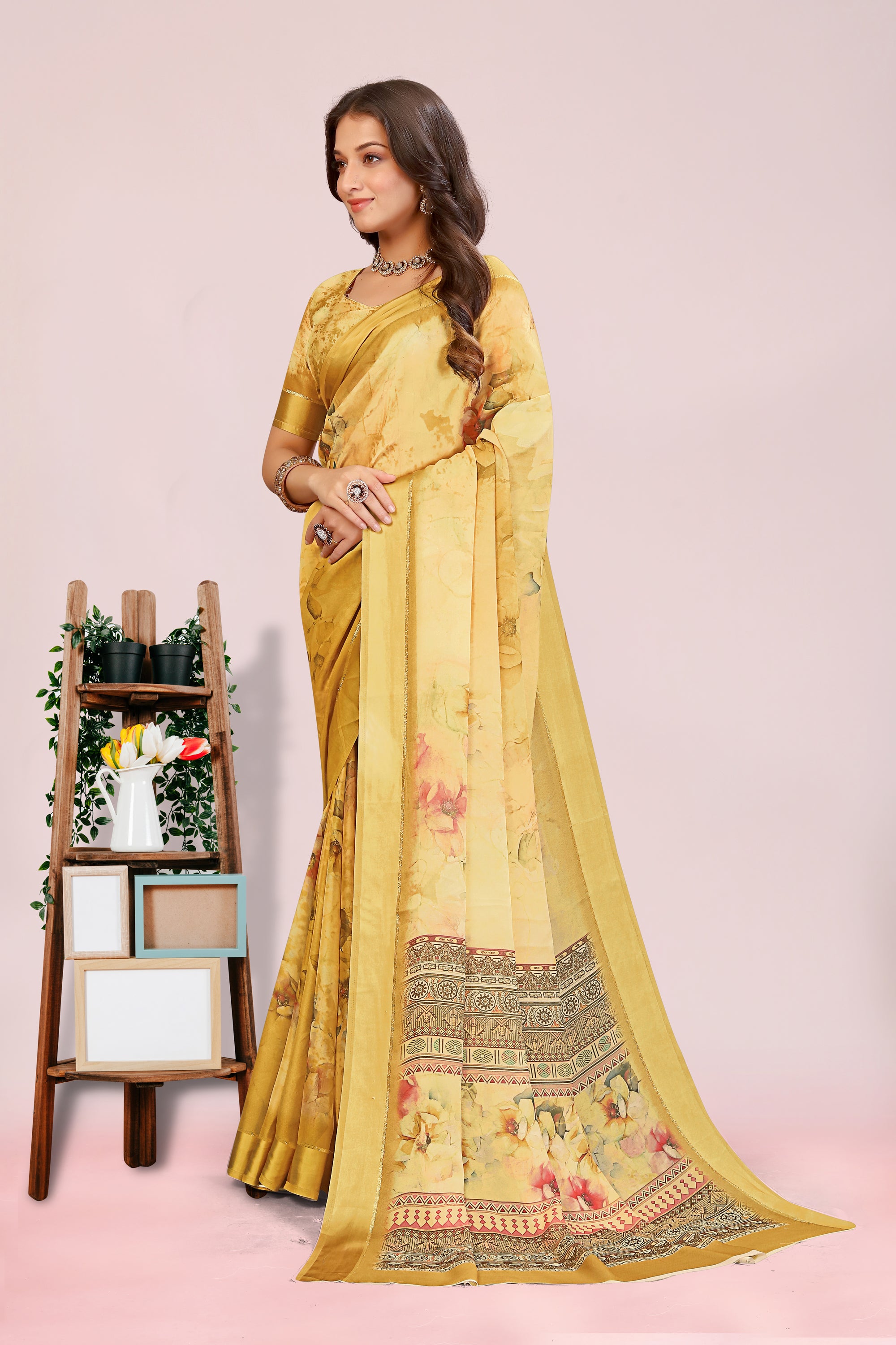 Amita Mustard Yellow Dull Moss with Satin Border