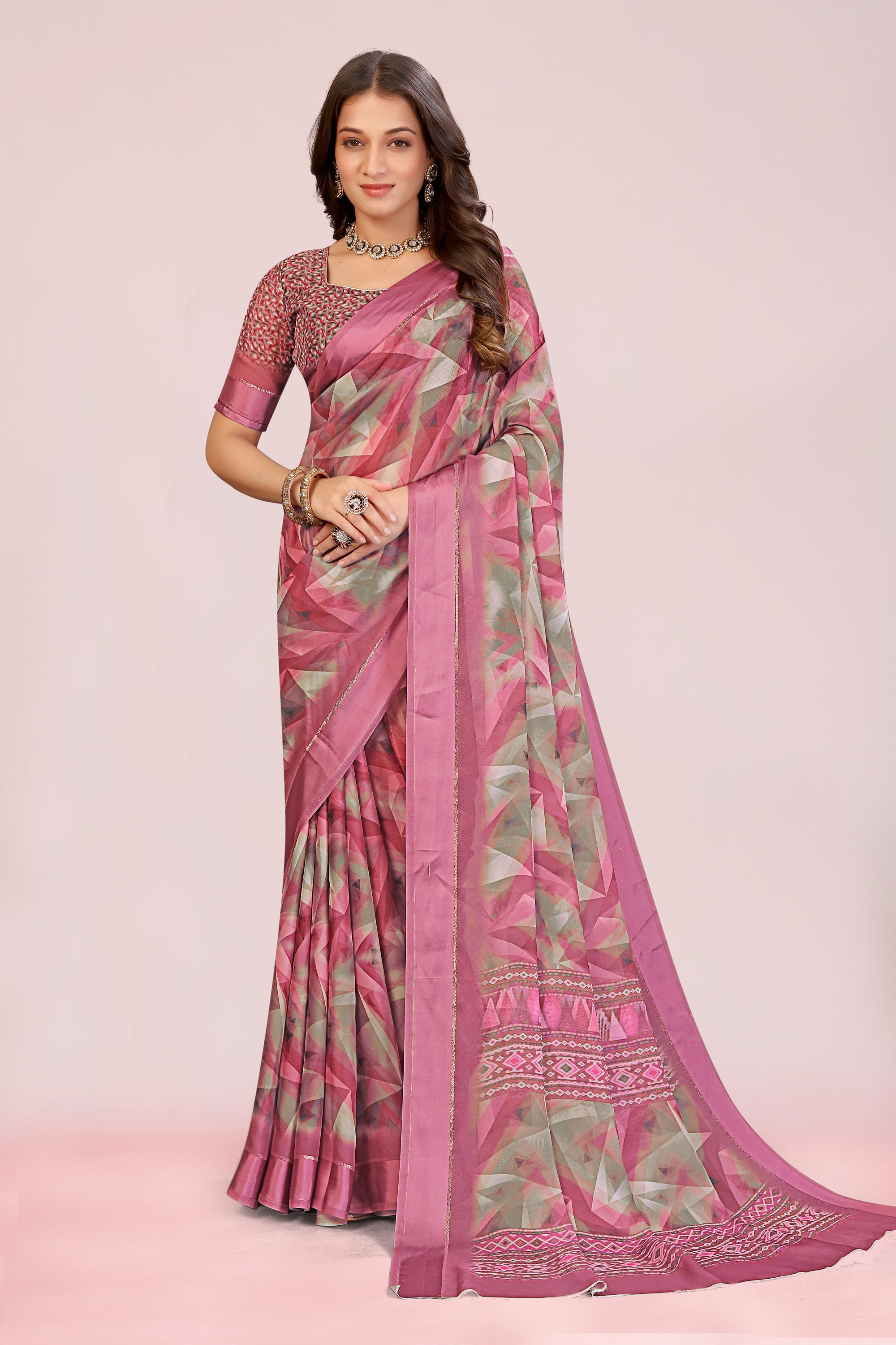 Amita Sweet Pink Dull Moss with Satin Border