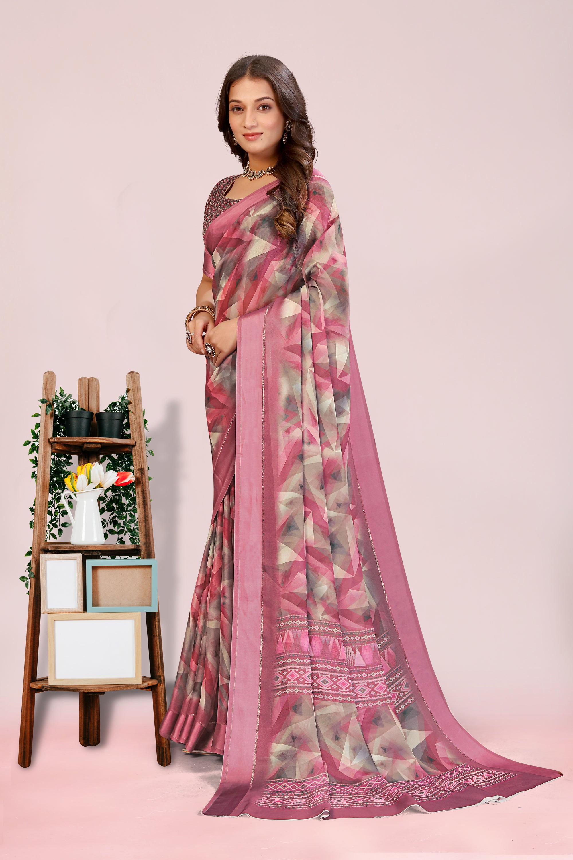 Amita Sweet Pink Dull Moss with Satin Border