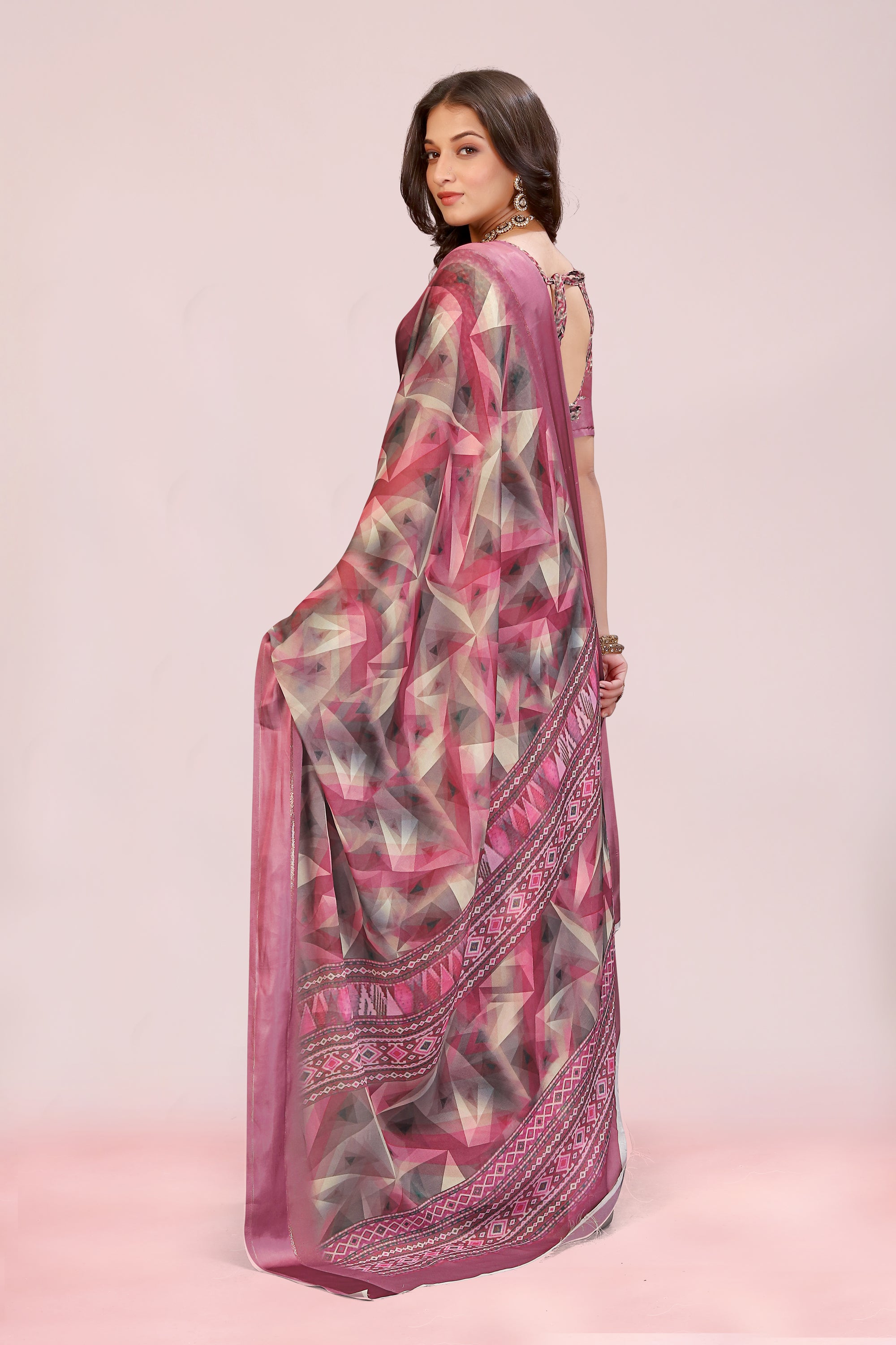 Amita Sweet Pink Dull Moss with Satin Border