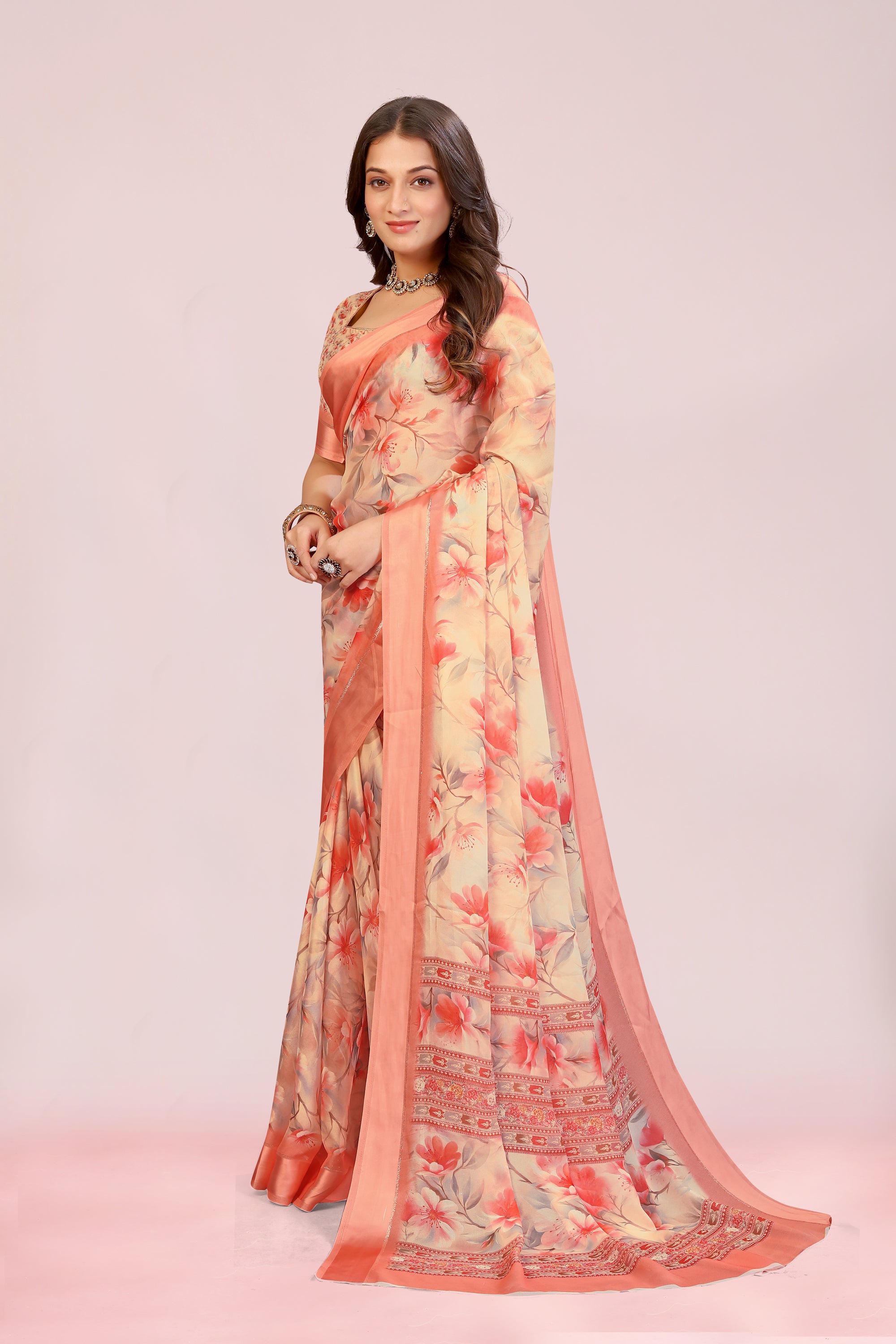 Amita Peach Orange Dull Moss with Satin Border