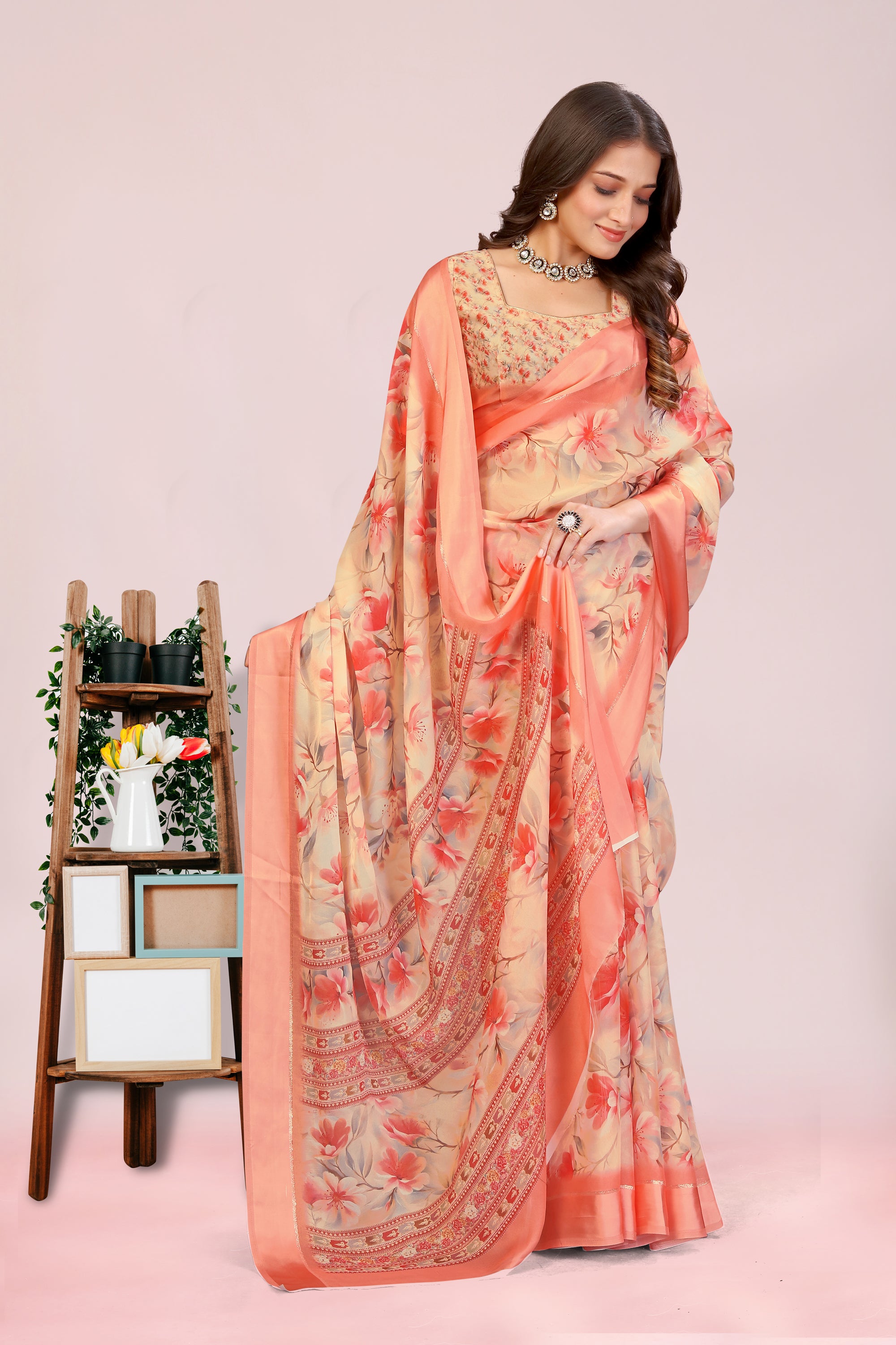 Amita Peach Orange Dull Moss with Satin Border