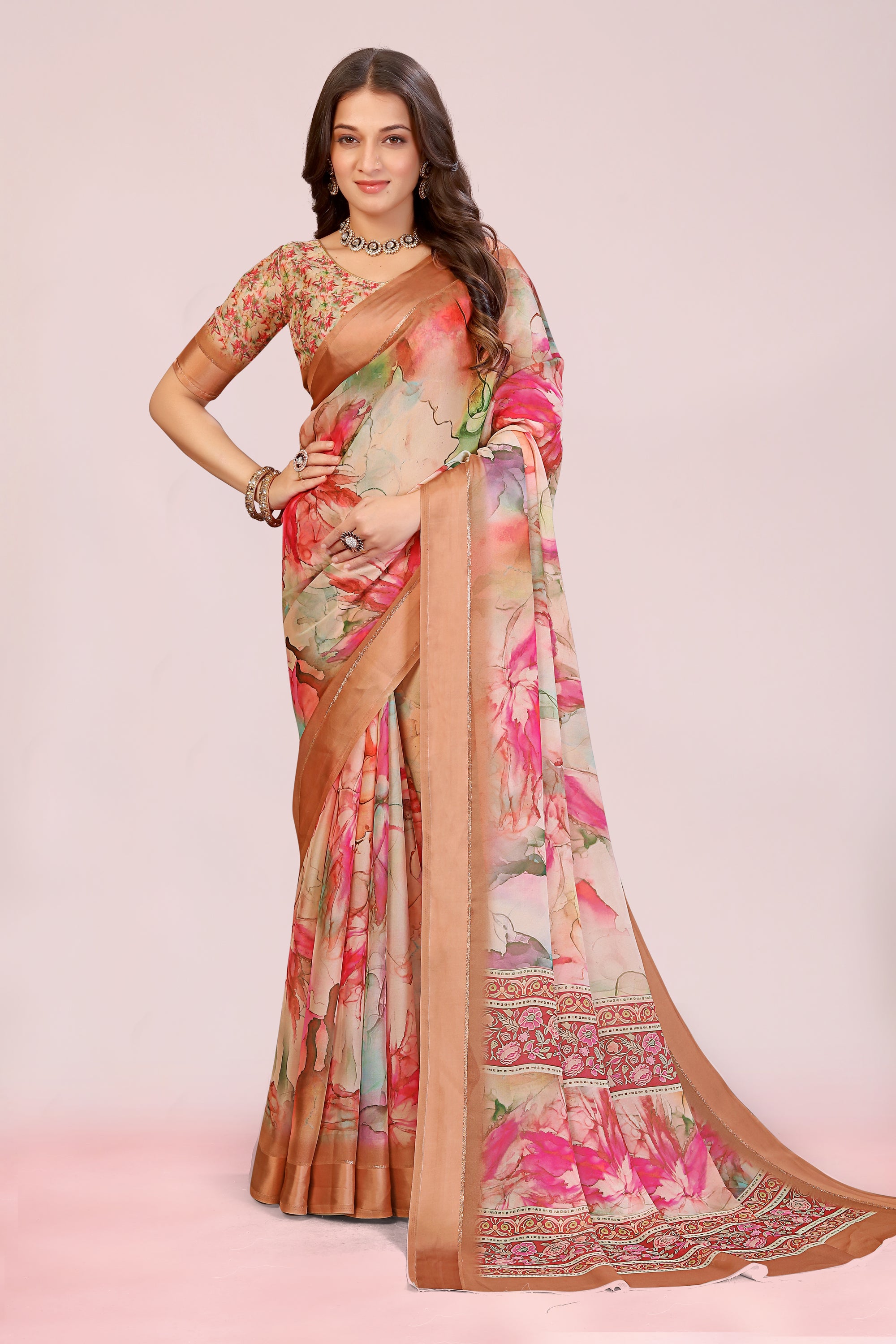 Amita Peach Pink Dull Moss with Satin Border