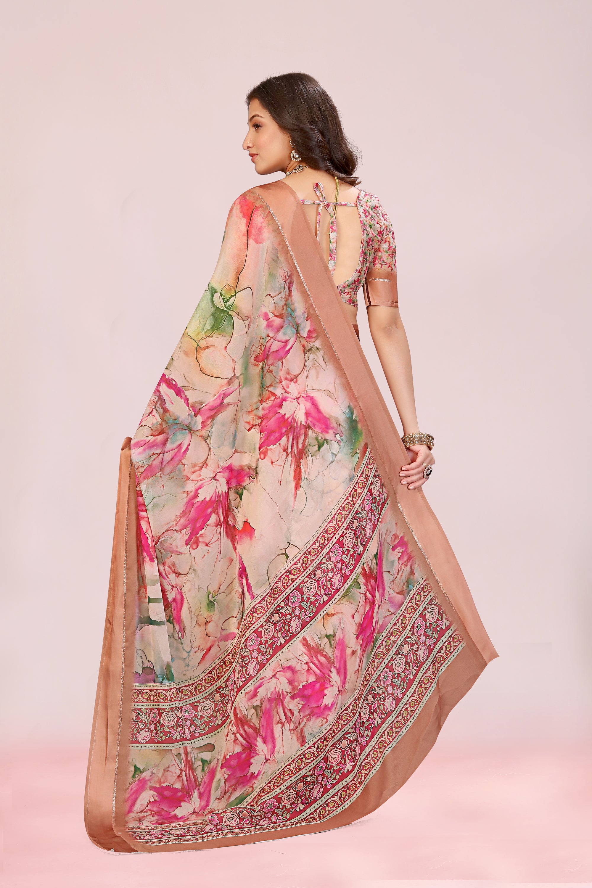 Amita Peach Pink Dull Moss with Satin Border