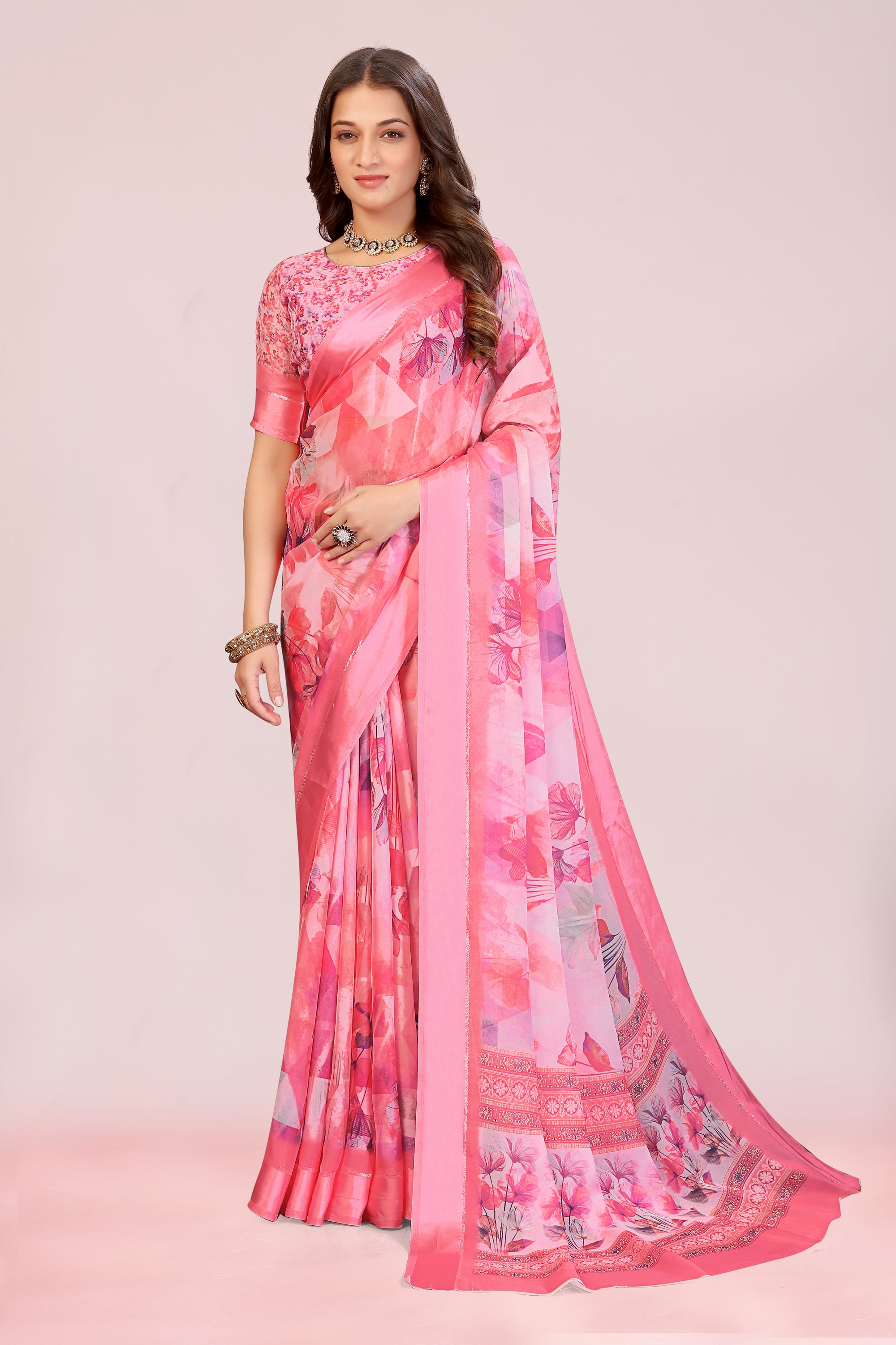 Amita Baby Pink Dull Moss with Satin Border
