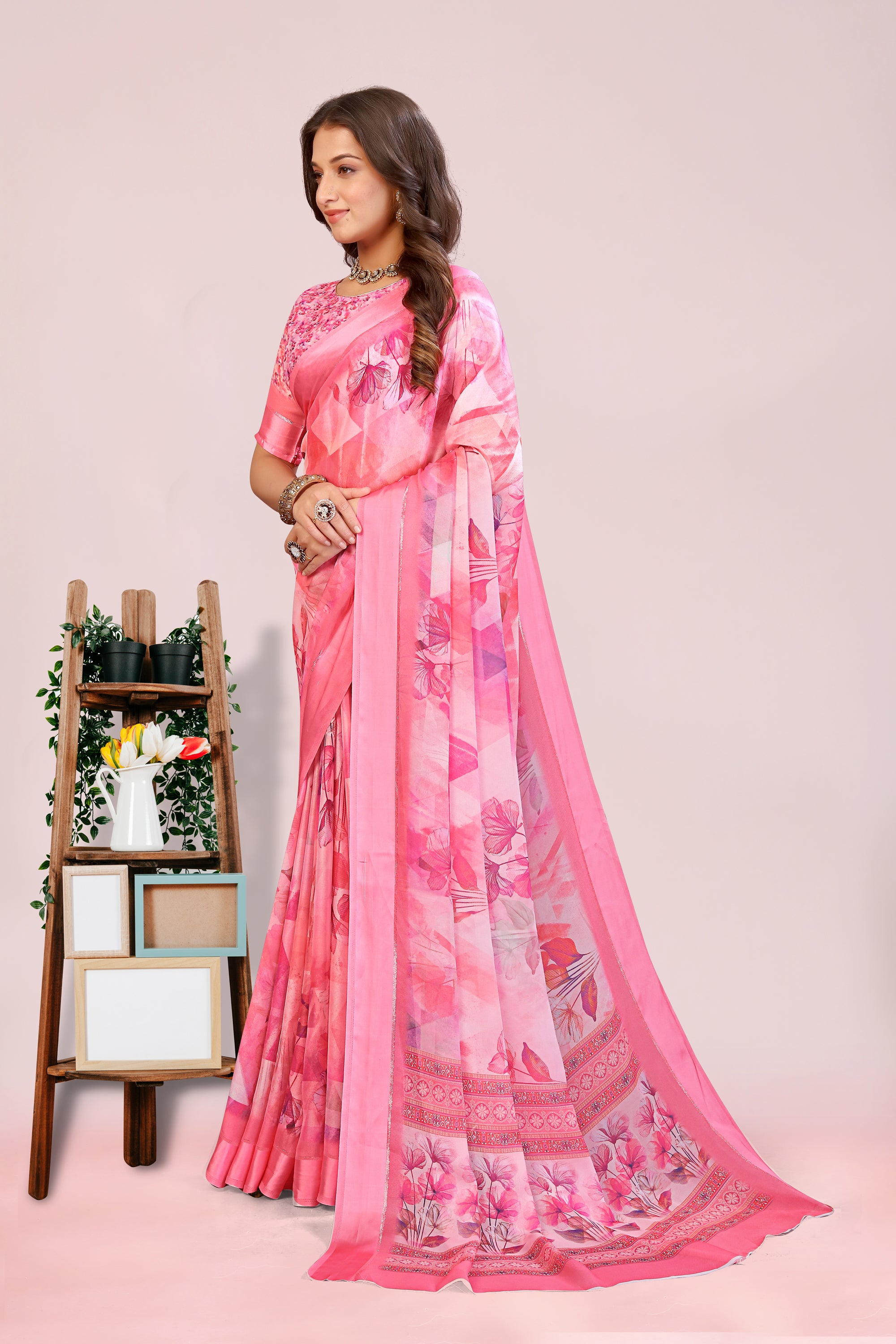 Amita Baby Pink Dull Moss with Satin Border
