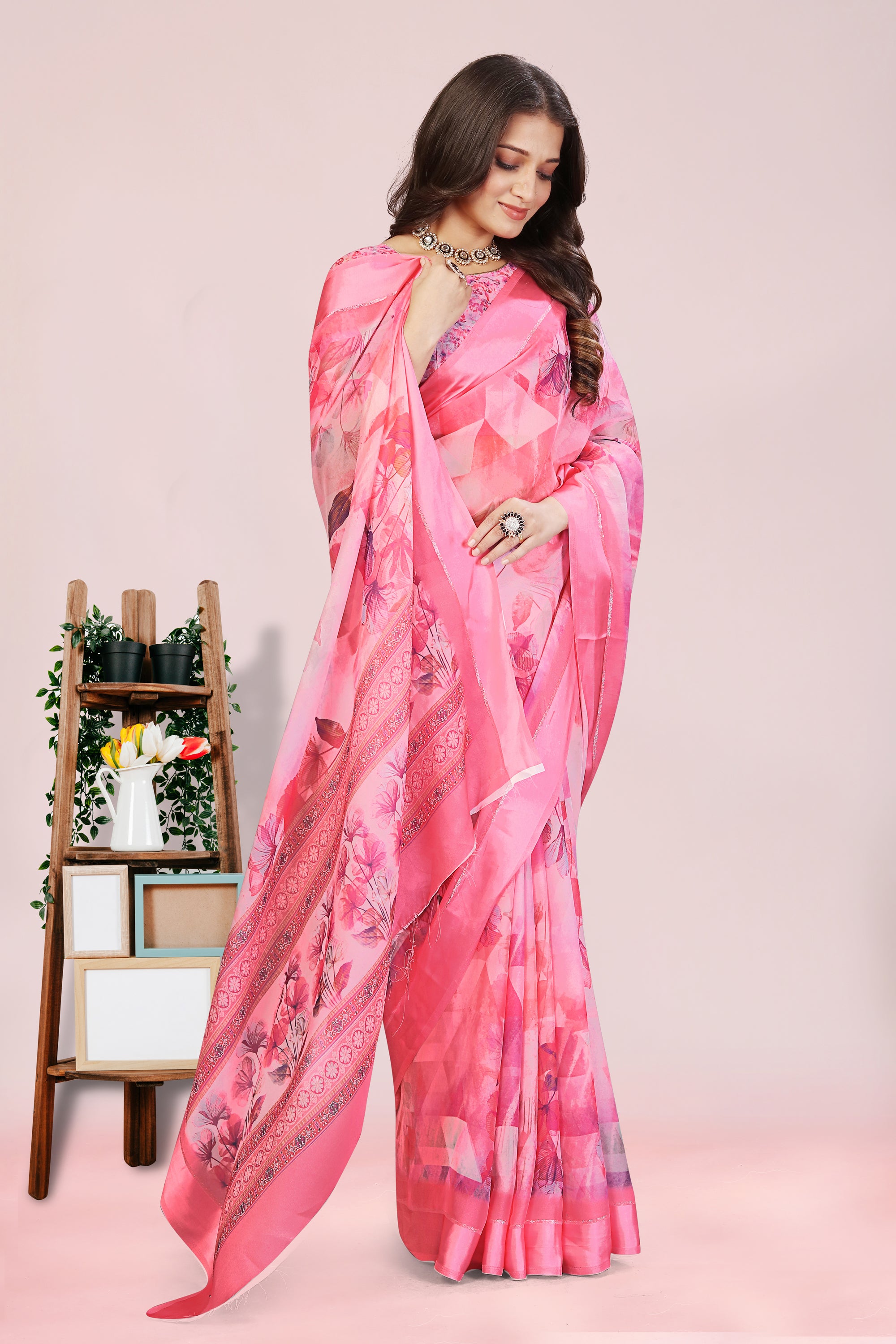 Amita Baby Pink Dull Moss with Satin Border