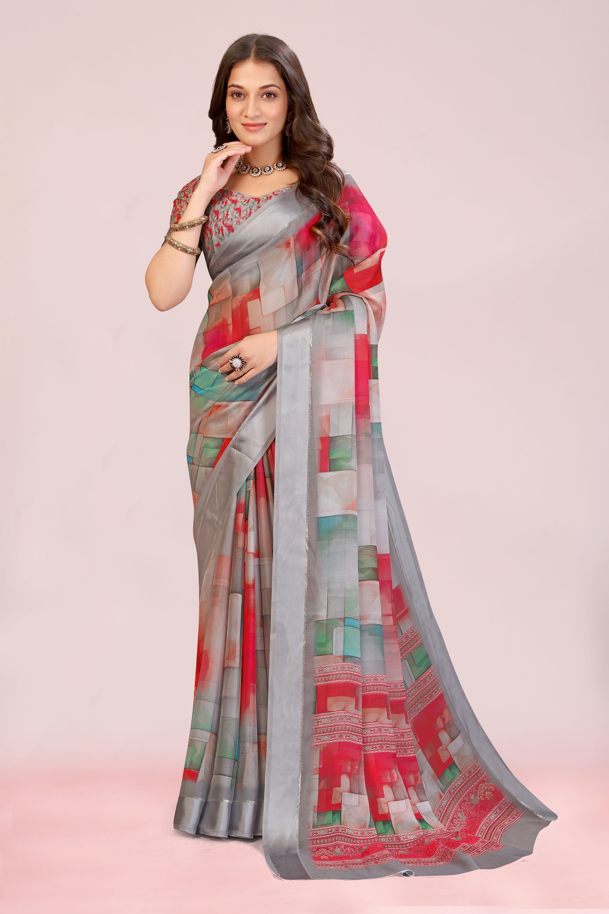 Amita Geometrical Dull Moss with Satin Border