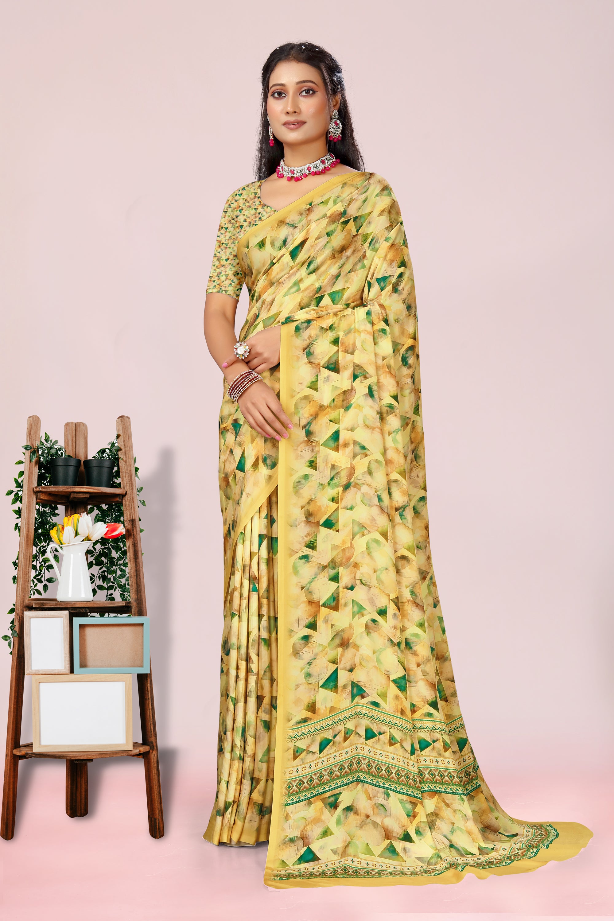 Dolly Sunlight Yellow Geometrical Crepe Saree