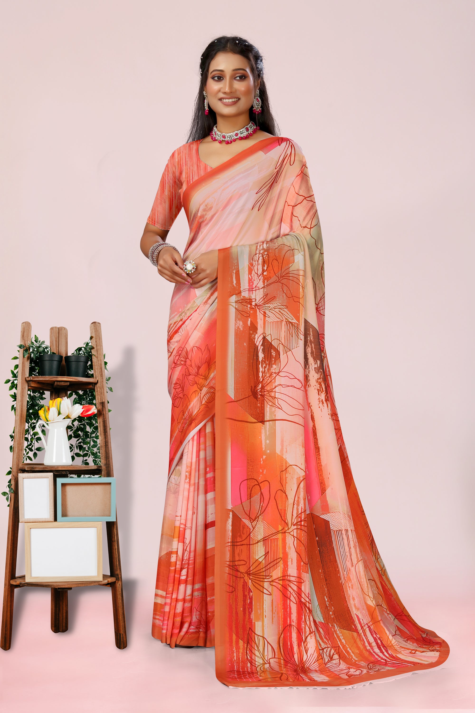 Dolly Orange Floral Crepe Saree