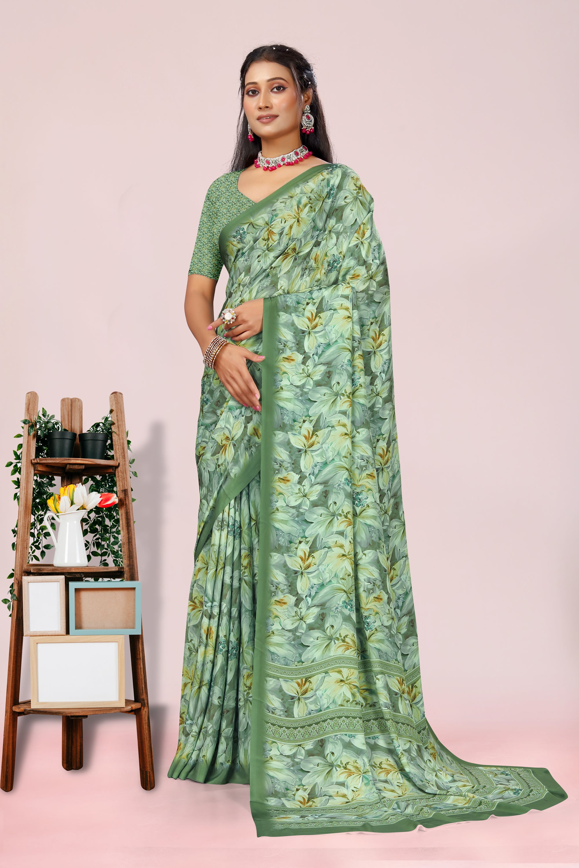 Dolly Grass Green Floral Crepe Saree