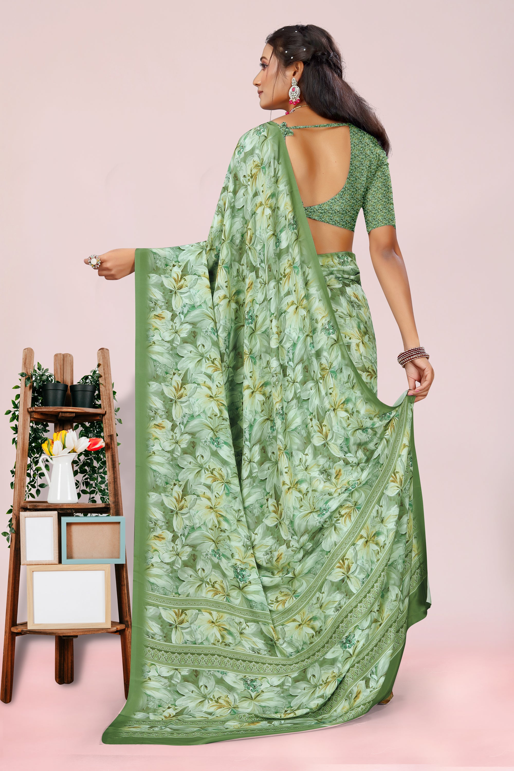 Dolly Grass Green Floral Crepe Saree