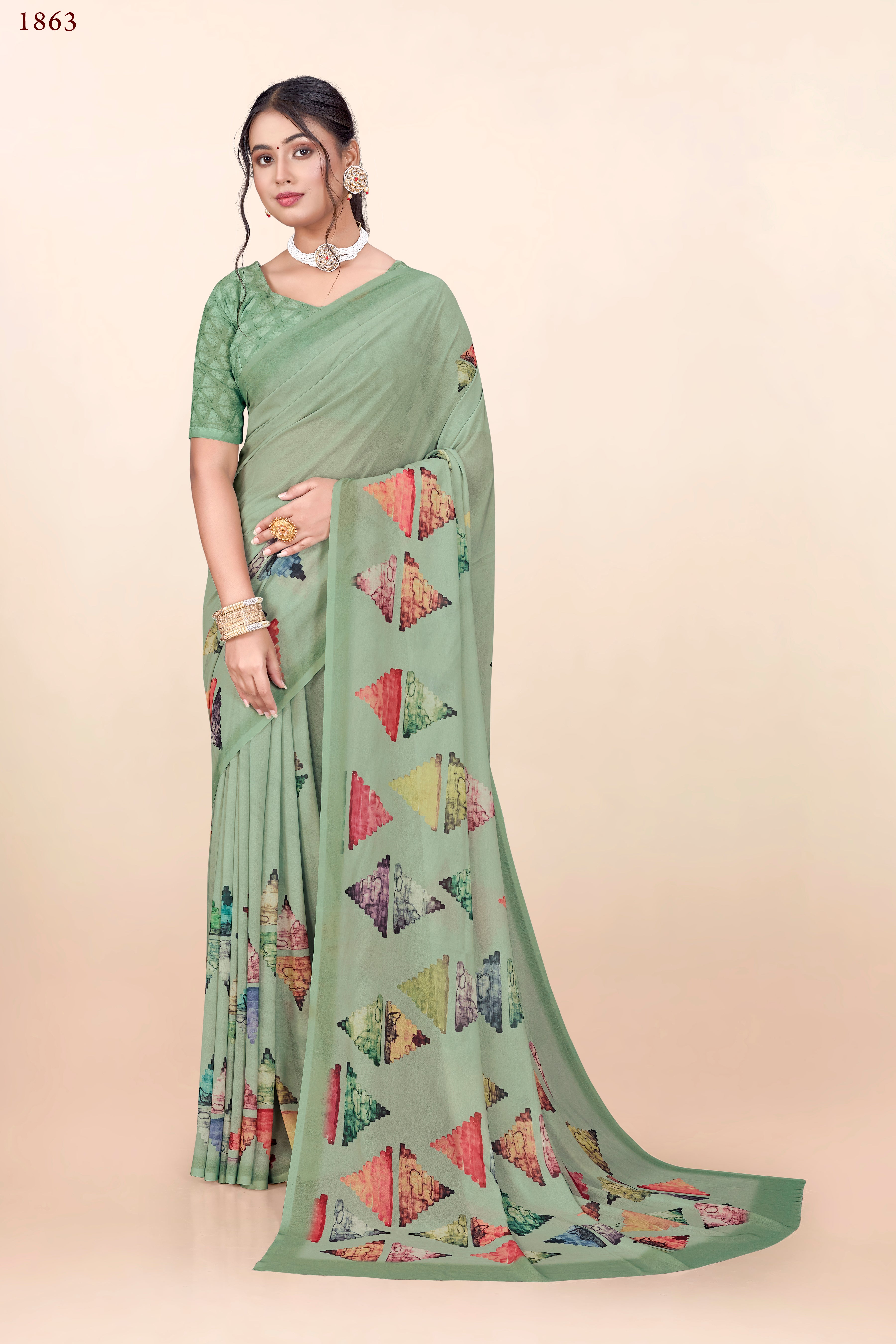 Light Green Triangle print Weightless Milli Saree