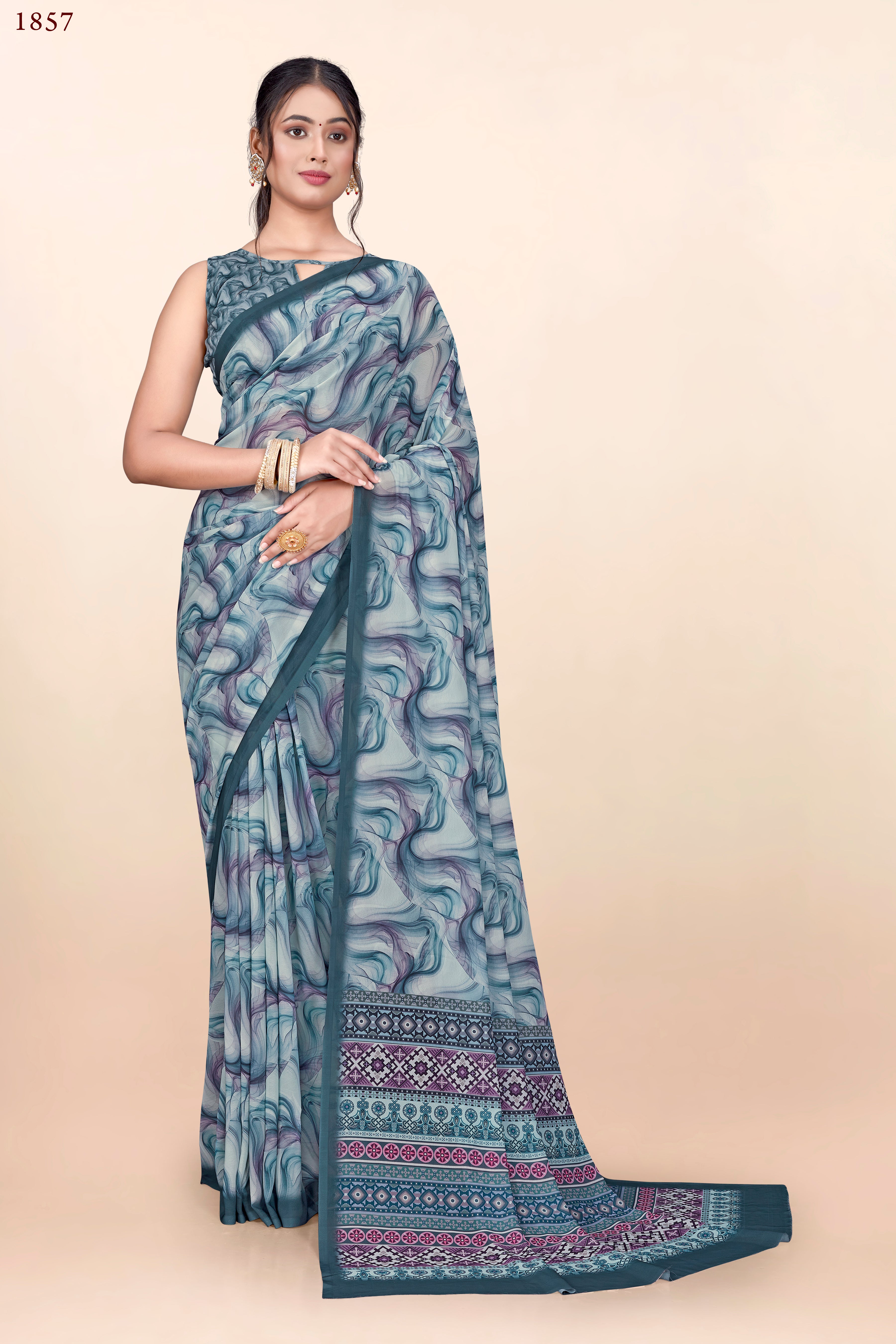 Irish Blue Geometrical Weightless Milli Saree