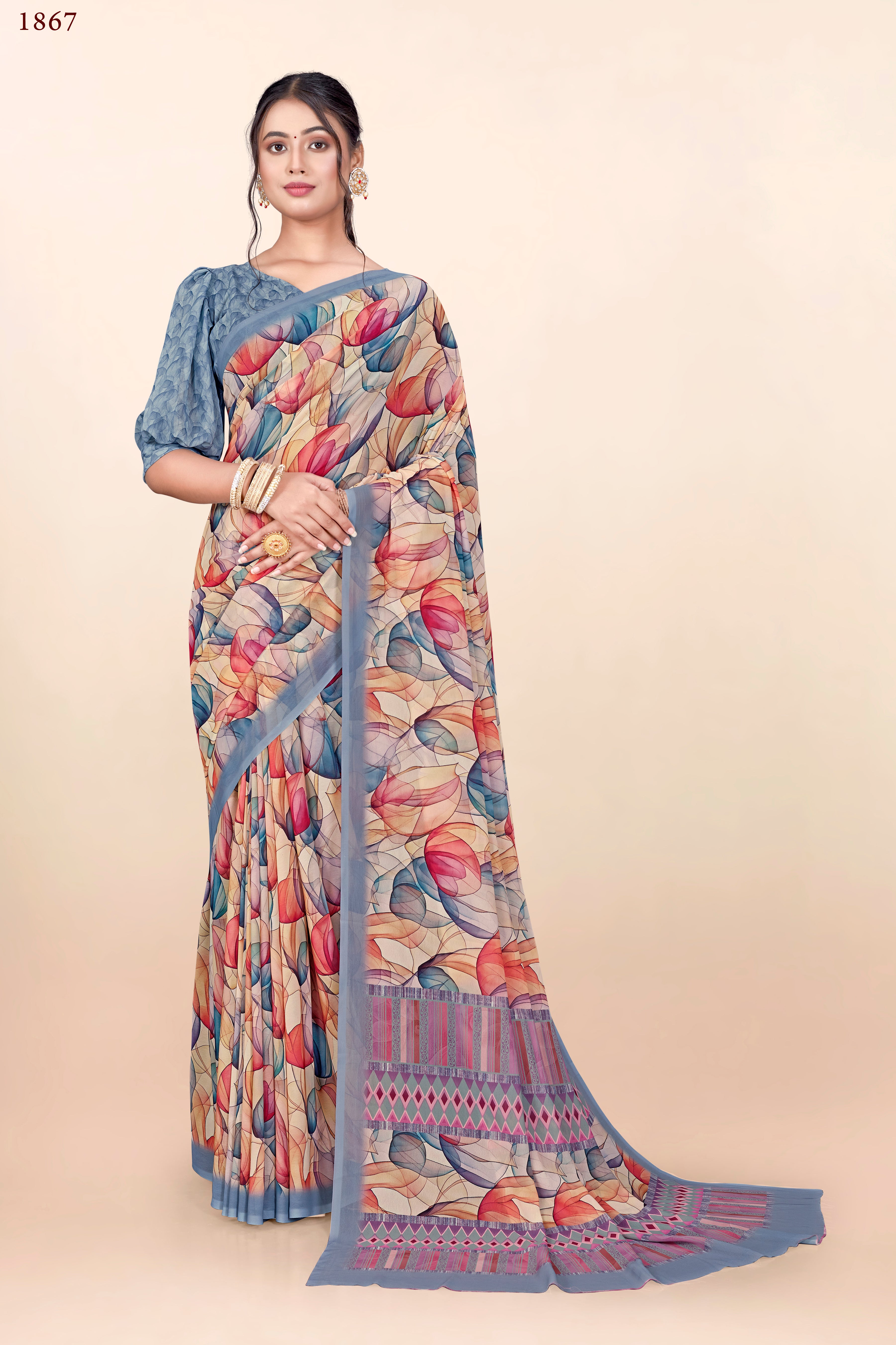 Greyish Red Geometrical Weightless Milli Saree