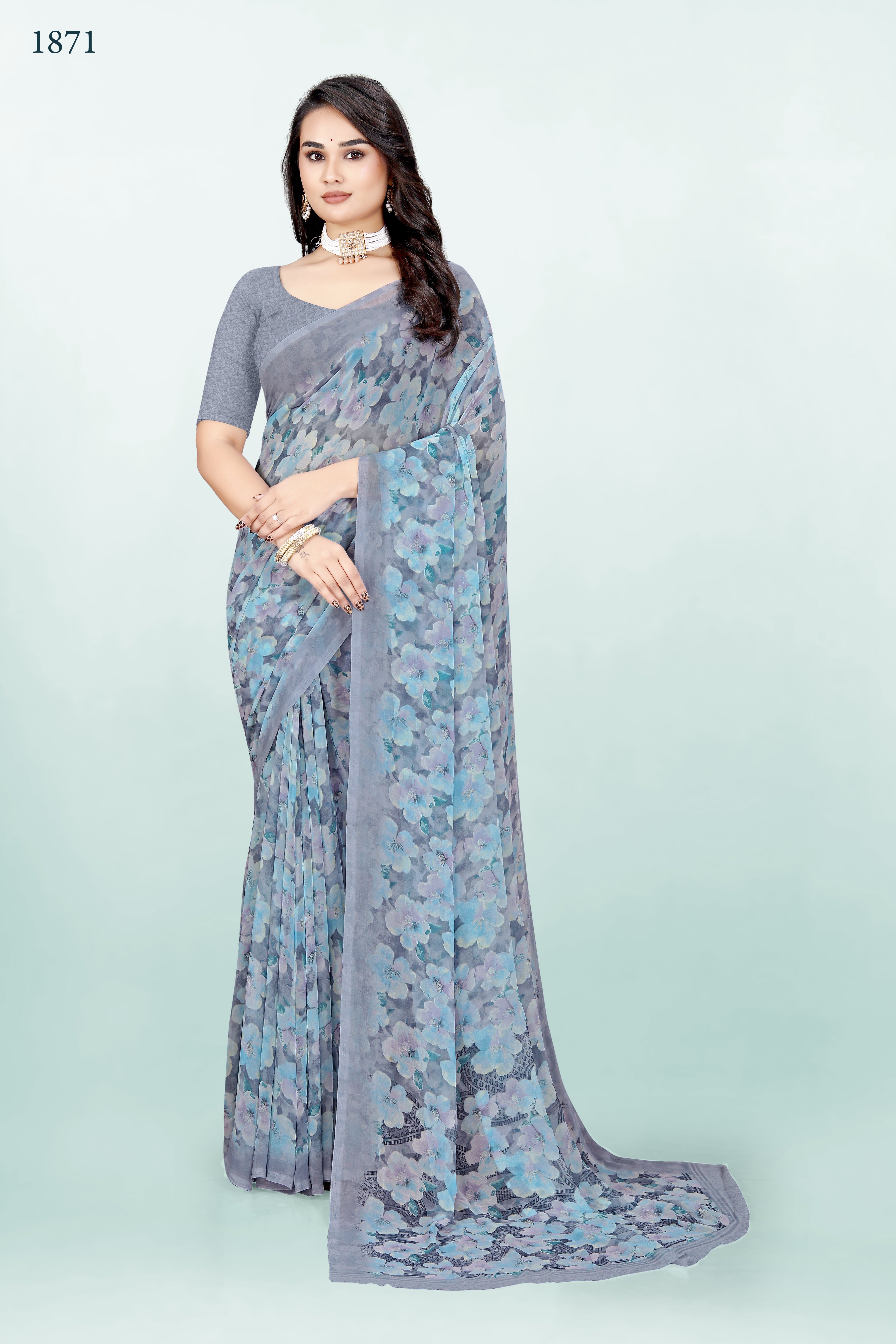 Floral Greyish-Blue Srishti Georgette Saree