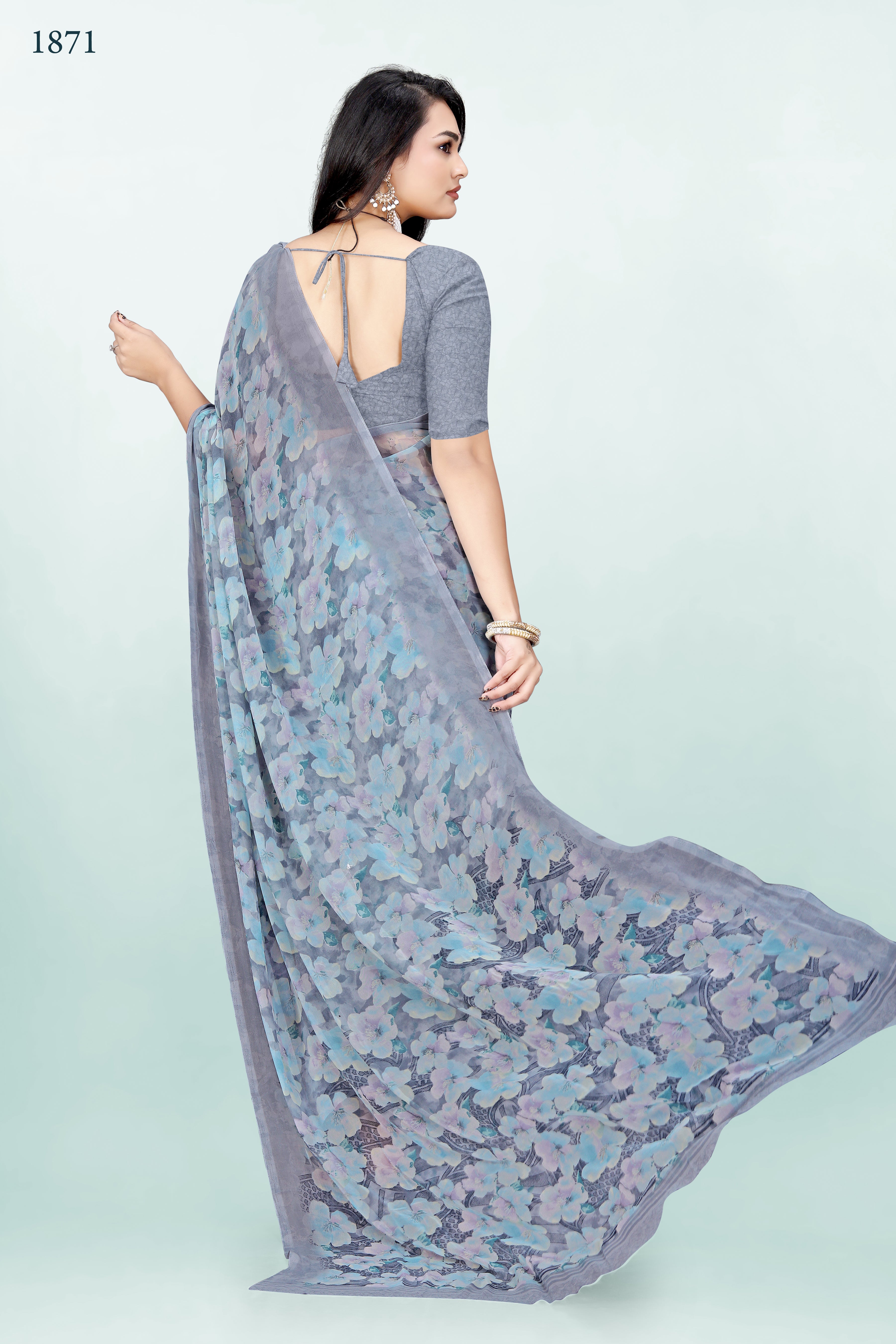 Floral Greyish-Blue Srishti Georgette Saree