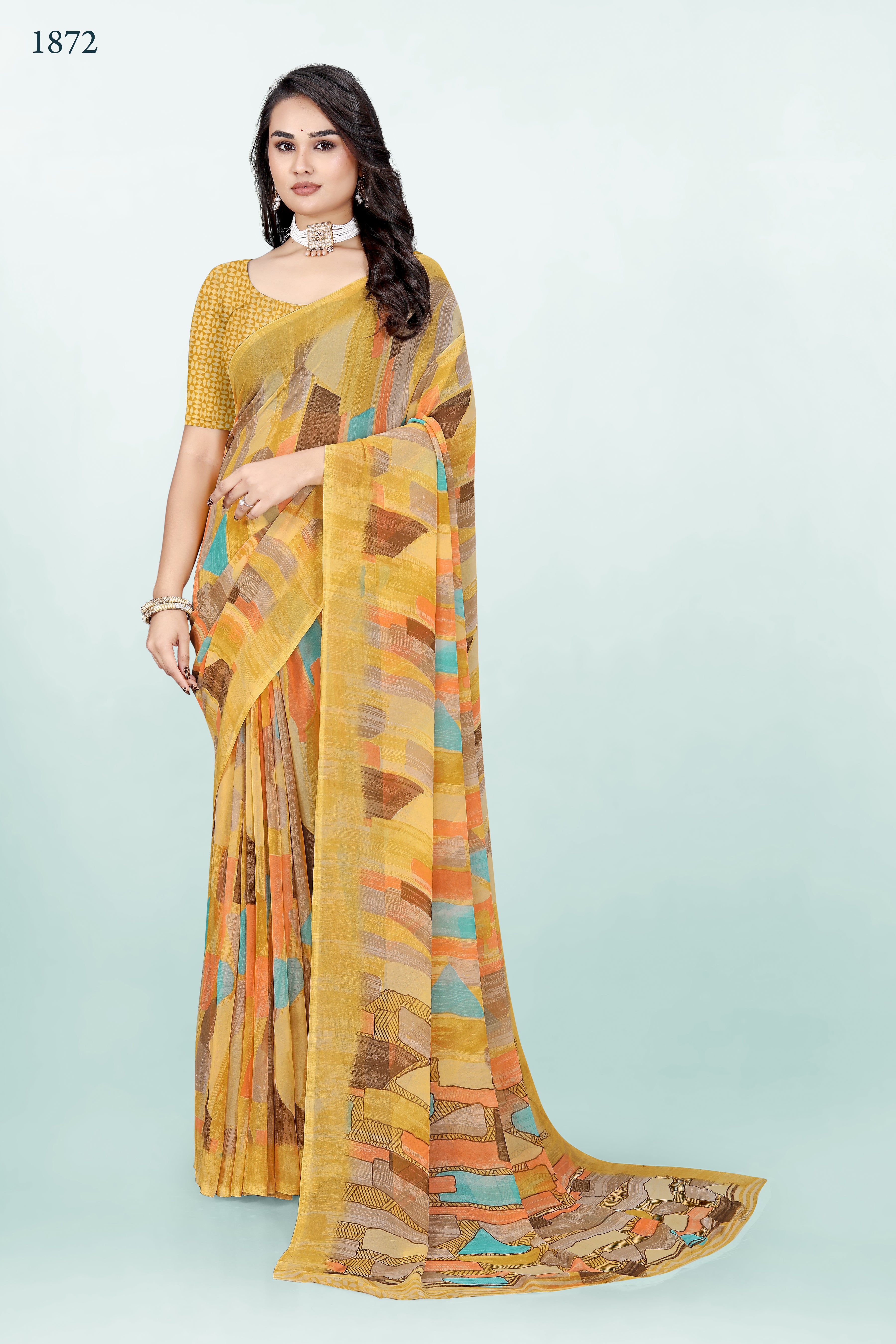Yellow Geometrical Srishti Georgette Saree