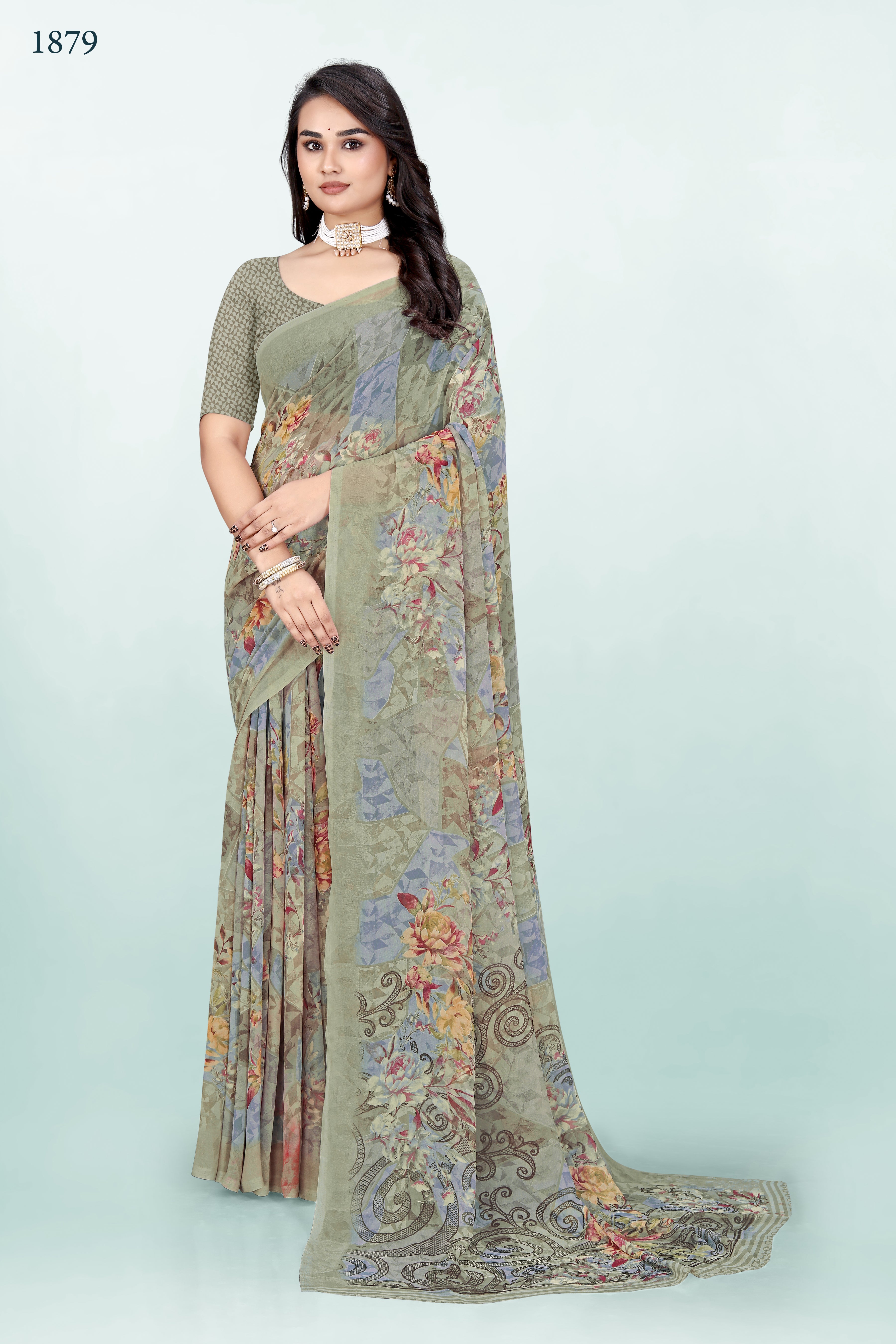 olive Green Floral Srishti Georgette Saree