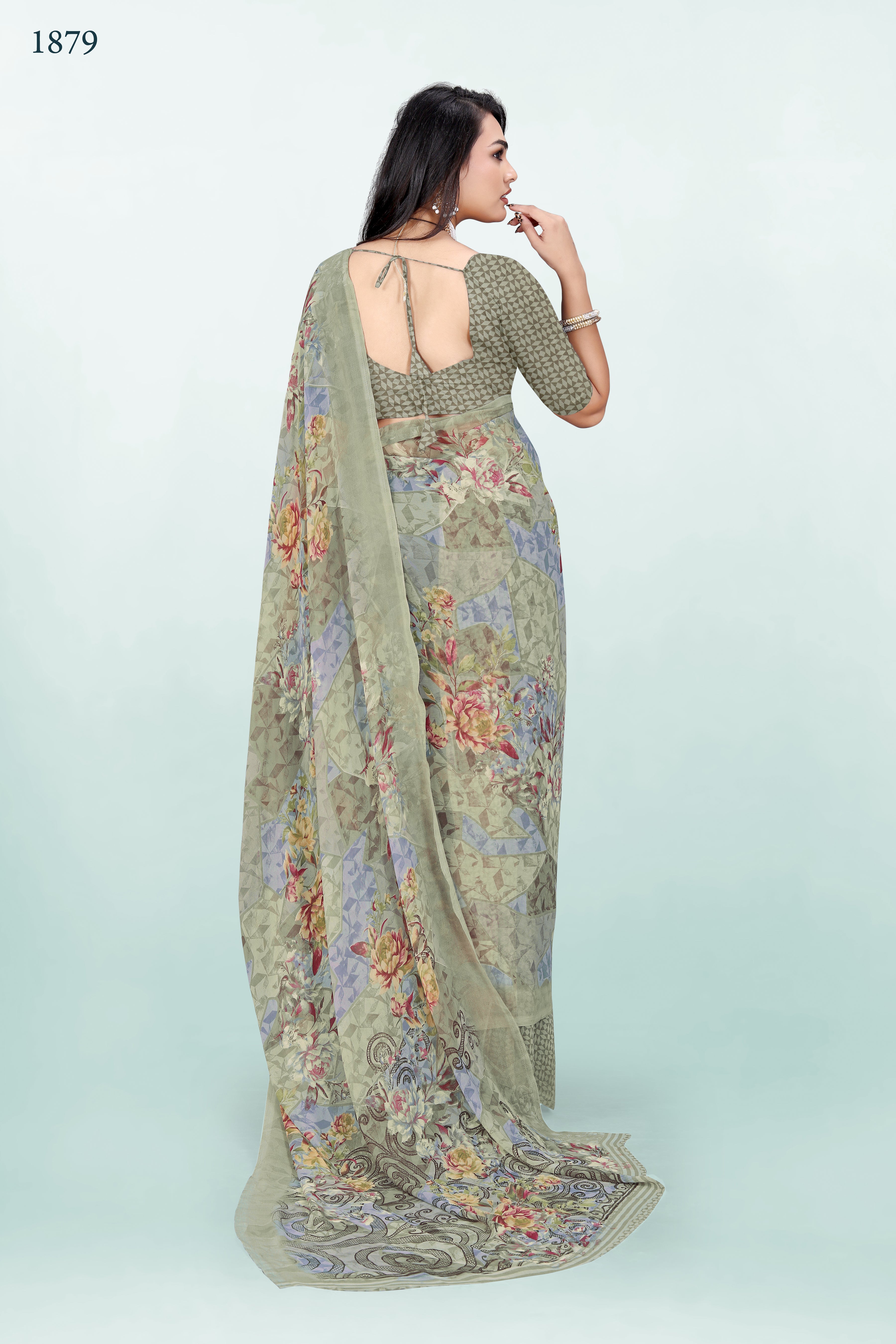 olive Green Floral Srishti Georgette Saree