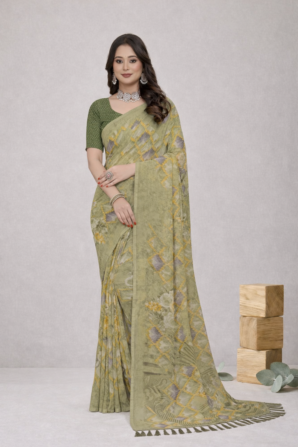 Srishti Designer Printed Saree – Elegant Olive Green Party Wear Saree