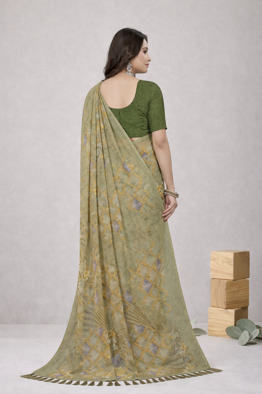 Srishti Designer Printed Saree – Elegant Olive Green Party Wear Saree