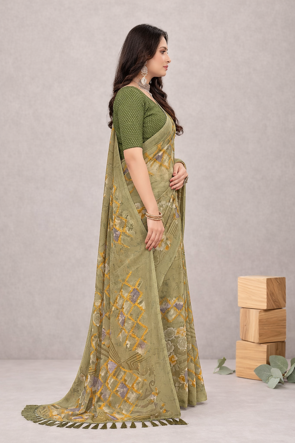 Srishti Designer Printed Saree – Elegant Olive Green Party Wear Saree