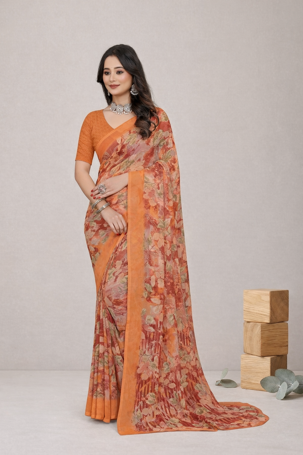 Srishti Floral Printed Saree – Elegant Orange Designer Party Wear Saree