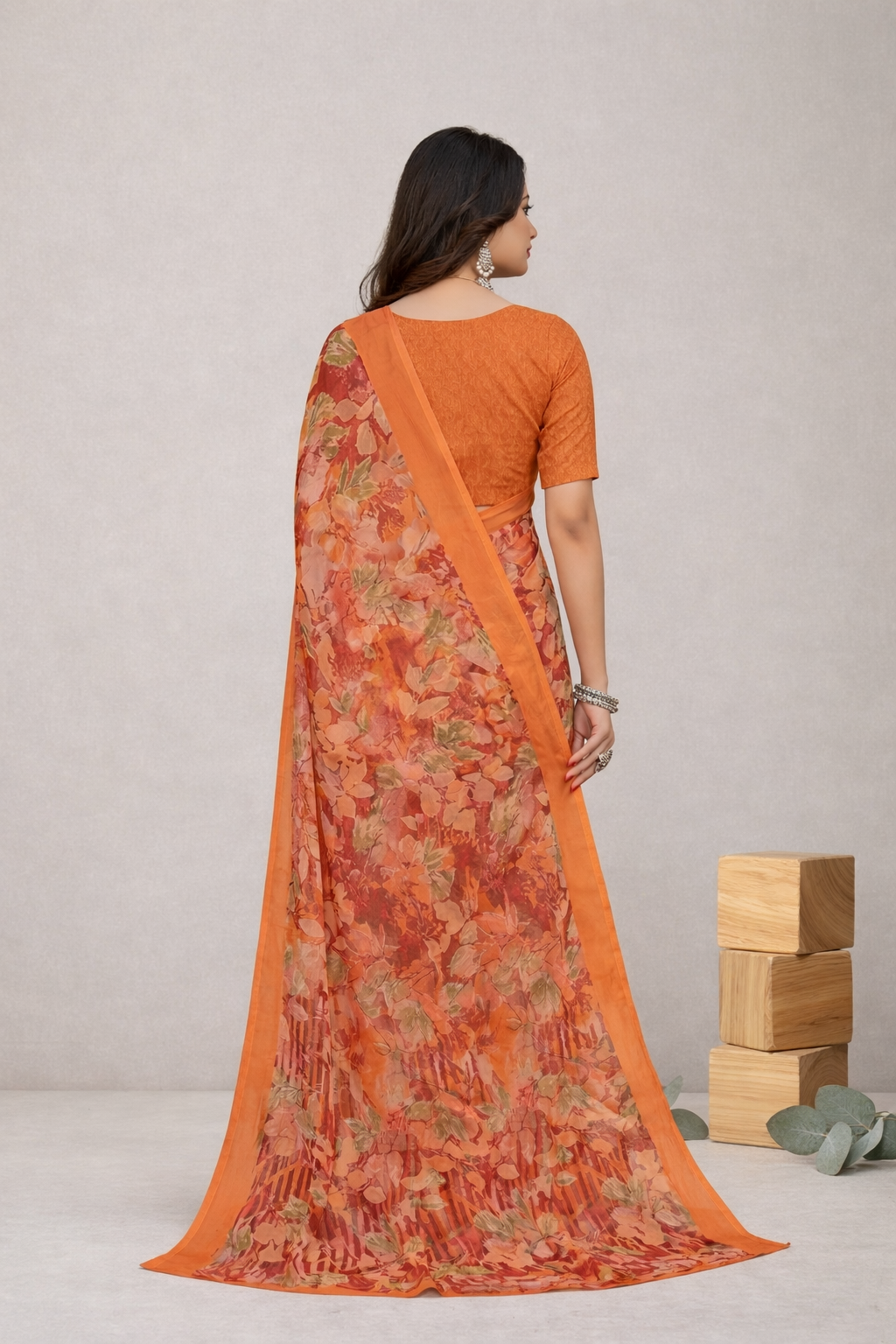 Srishti Floral Printed Saree – Elegant Orange Designer Party Wear Saree