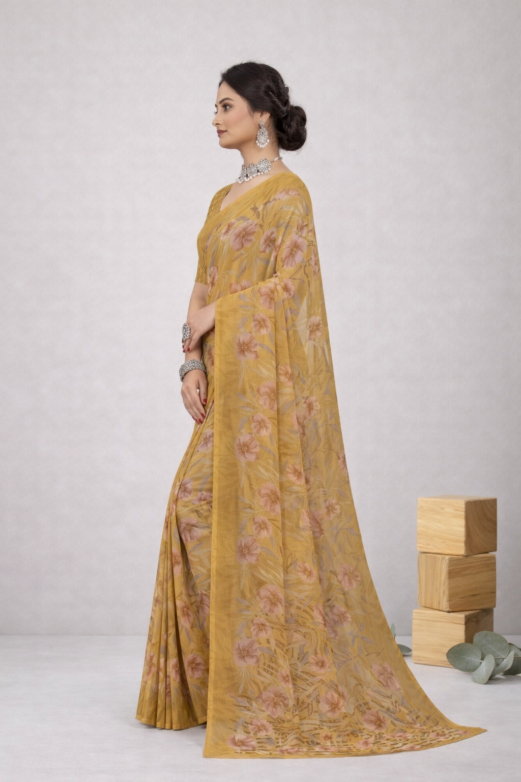Srishti Floral Printed Saree – Elegant Mustard Yellow Designer Saree