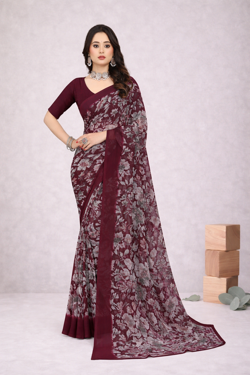 Srishti Floral Printed Saree – Elegant Wine Maroon Designer Saree