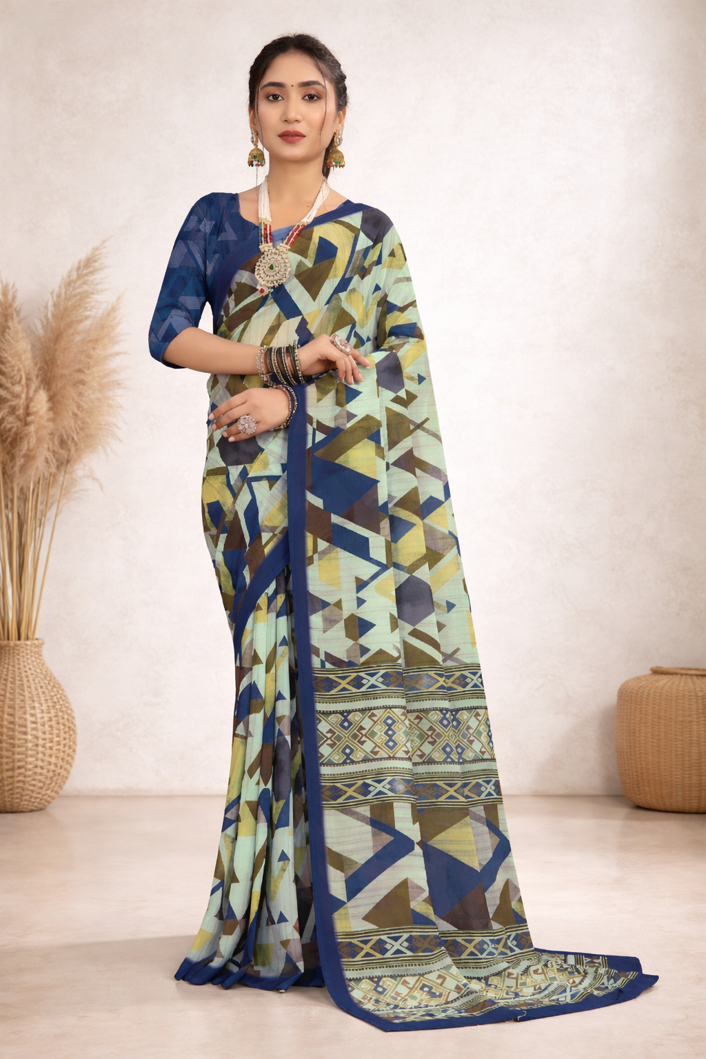 Milli Weightless Printed Saree – Elegant Blue Geometric Designer Saree