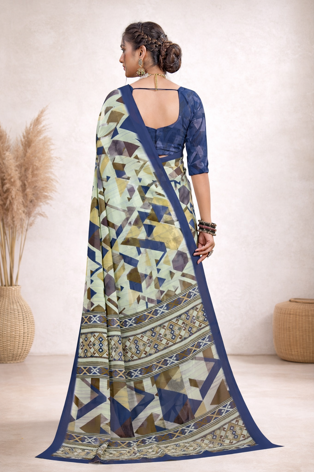 Milli Weightless Printed Saree – Elegant Blue Geometric Designer Saree