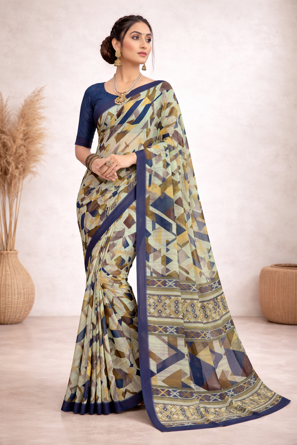 Milli Weightless Printed Saree – Elegant Blue Geometric Designer Saree