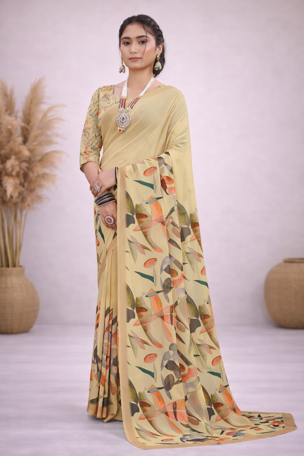 Milli Weightless Printed Saree – Elegant Beige Abstract Floral Designer Saree