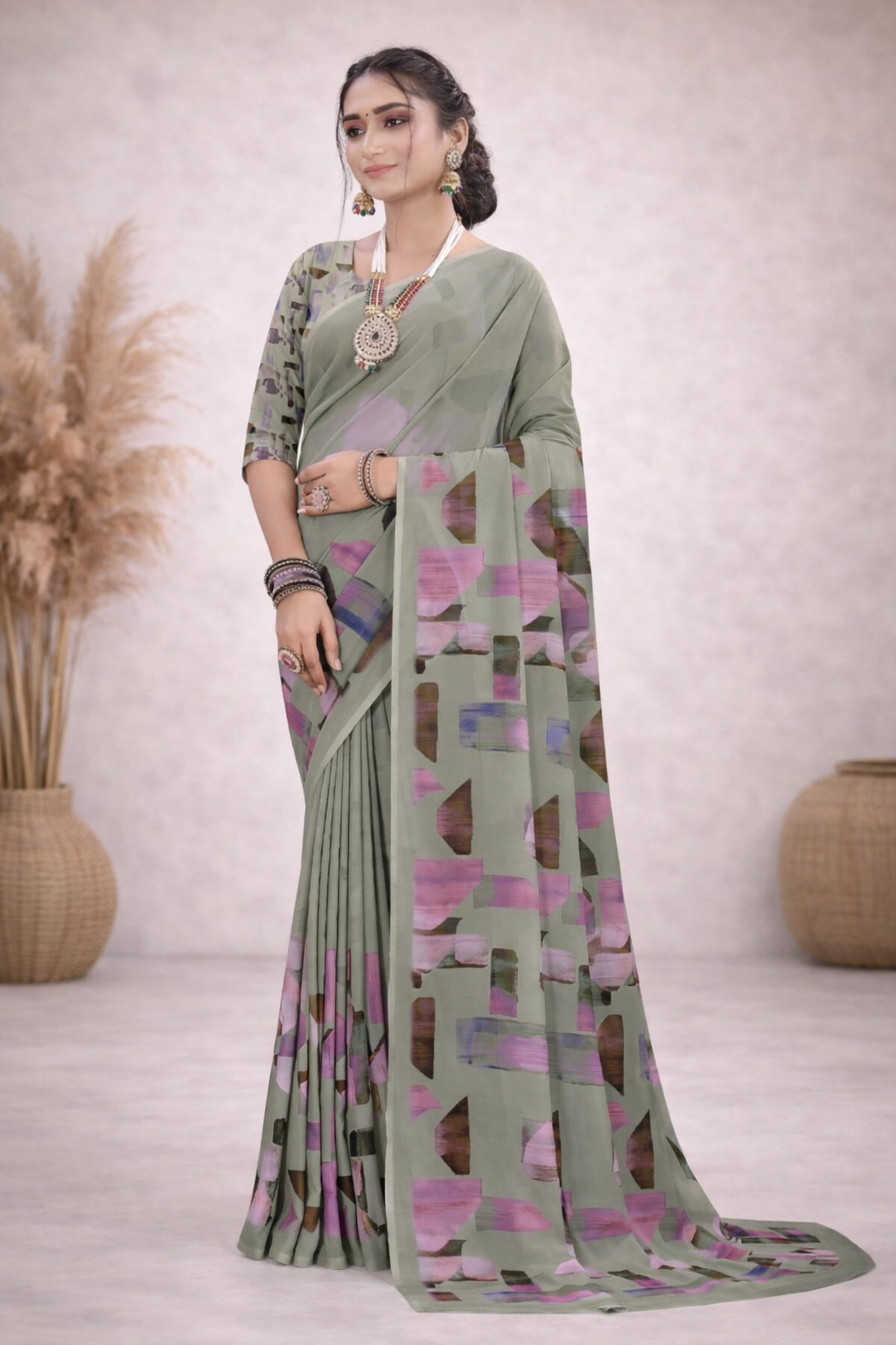Milli Weightless Printed Saree – Elegant Grey Multicolor Designer Saree