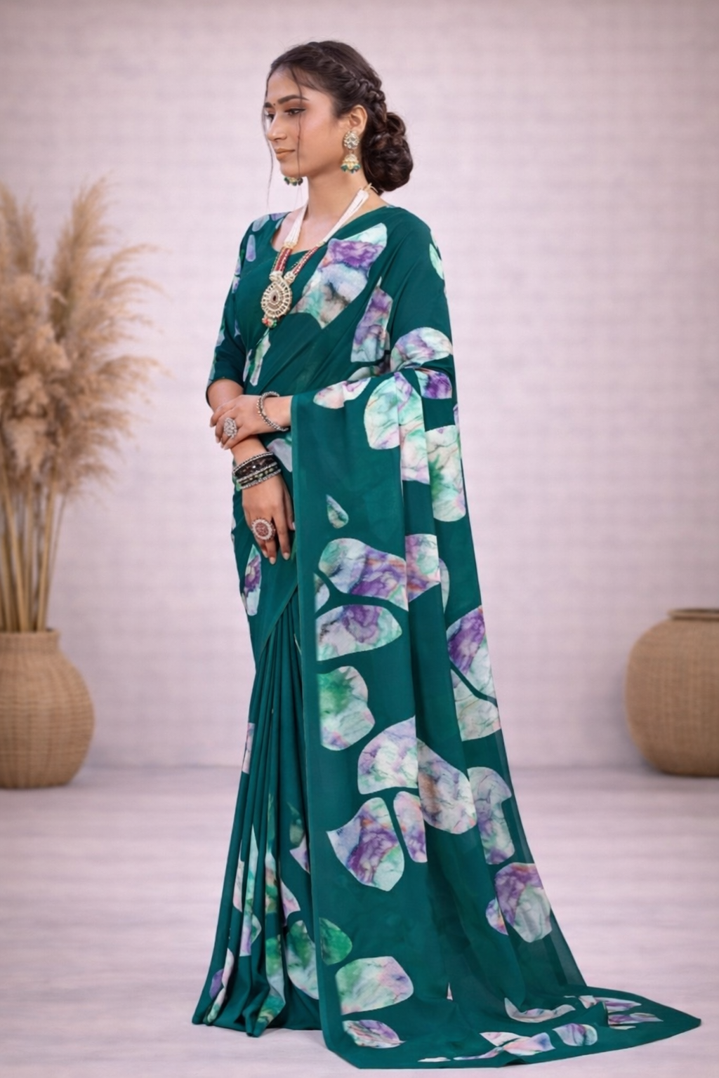 Milli Weightless Printed Saree – Elegant Teal Green Floral Designer Saree