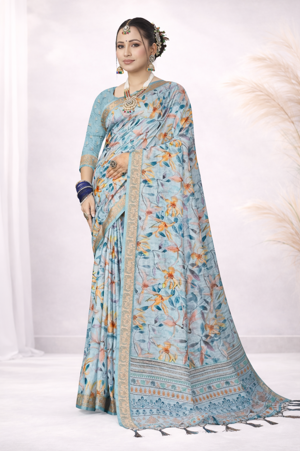 Laxmi 1991 Tusser Silk Floral Printed Saree with Zari Border