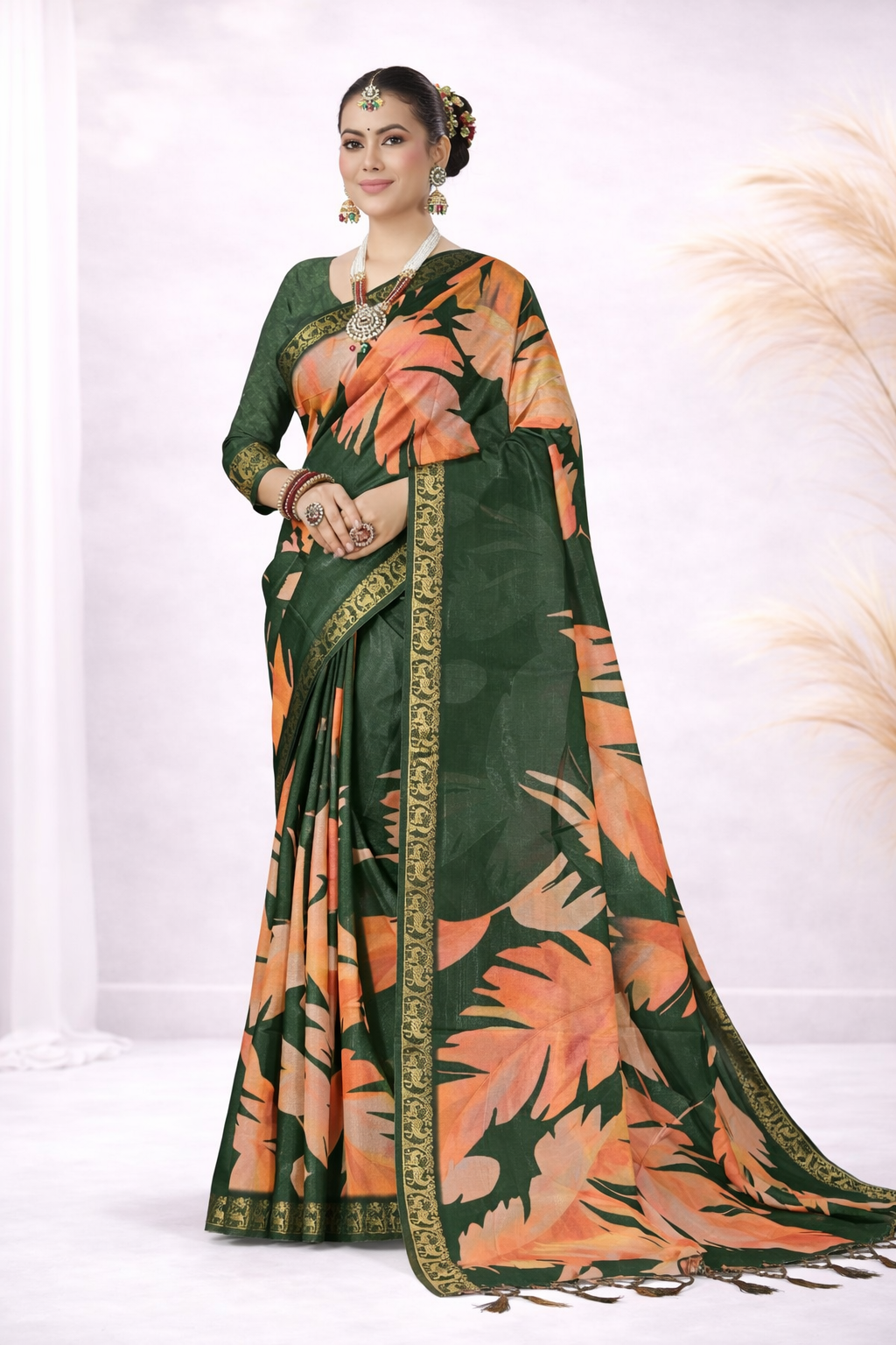 Laxmi 1992 Tusser Silk Green Floral Printed Saree with Zari Border
