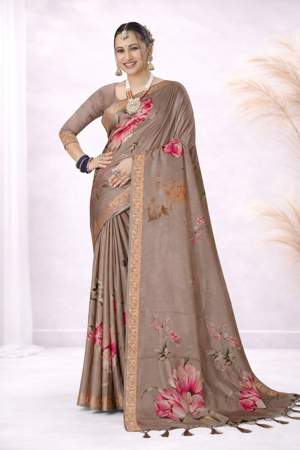Laxmi 1993 Tusser Silk Brown Floral Printed Saree with Zari Border