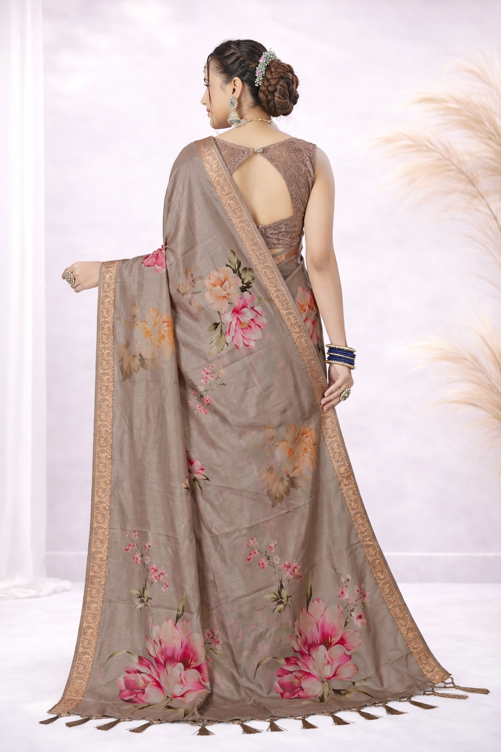 Laxmi 1993 Tusser Silk Brown Floral Printed Saree with Zari Border