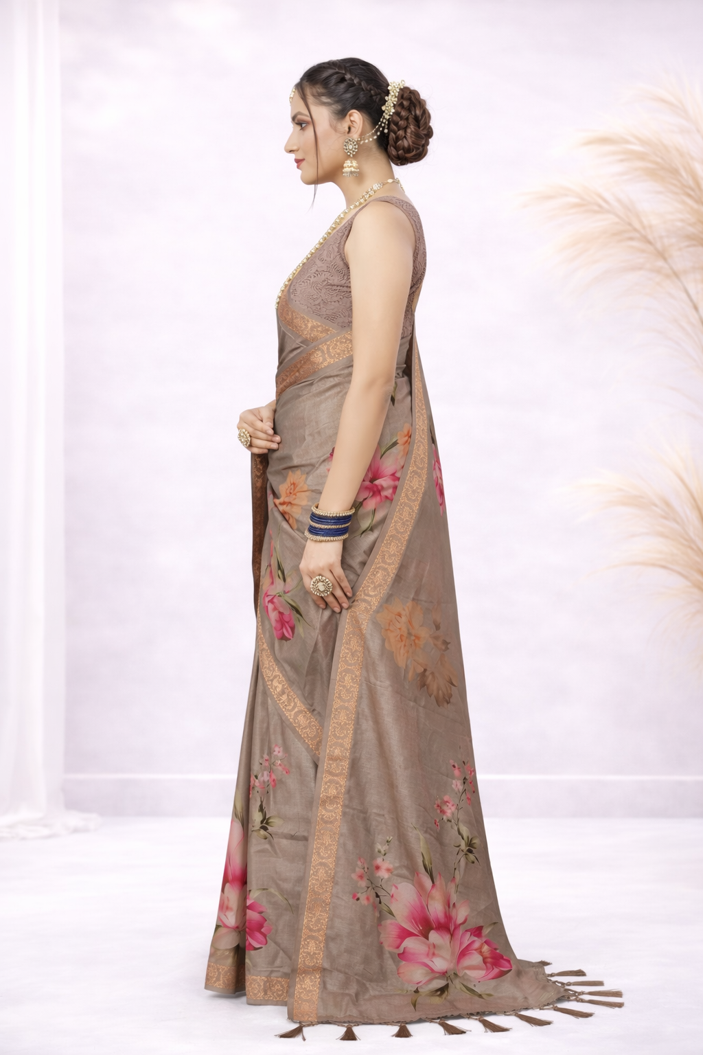 Laxmi 1993 Tusser Silk Brown Floral Printed Saree with Zari Border