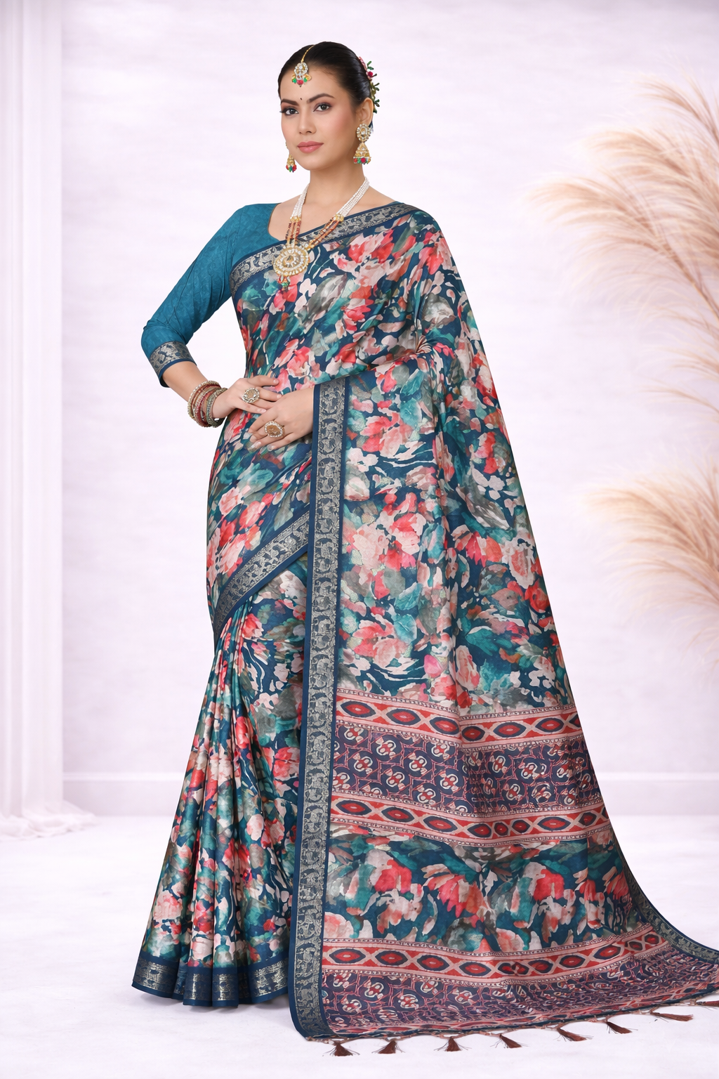 Laxmi 2000 Tusser Silk Teal Floral Printed Saree with Ethnic Border