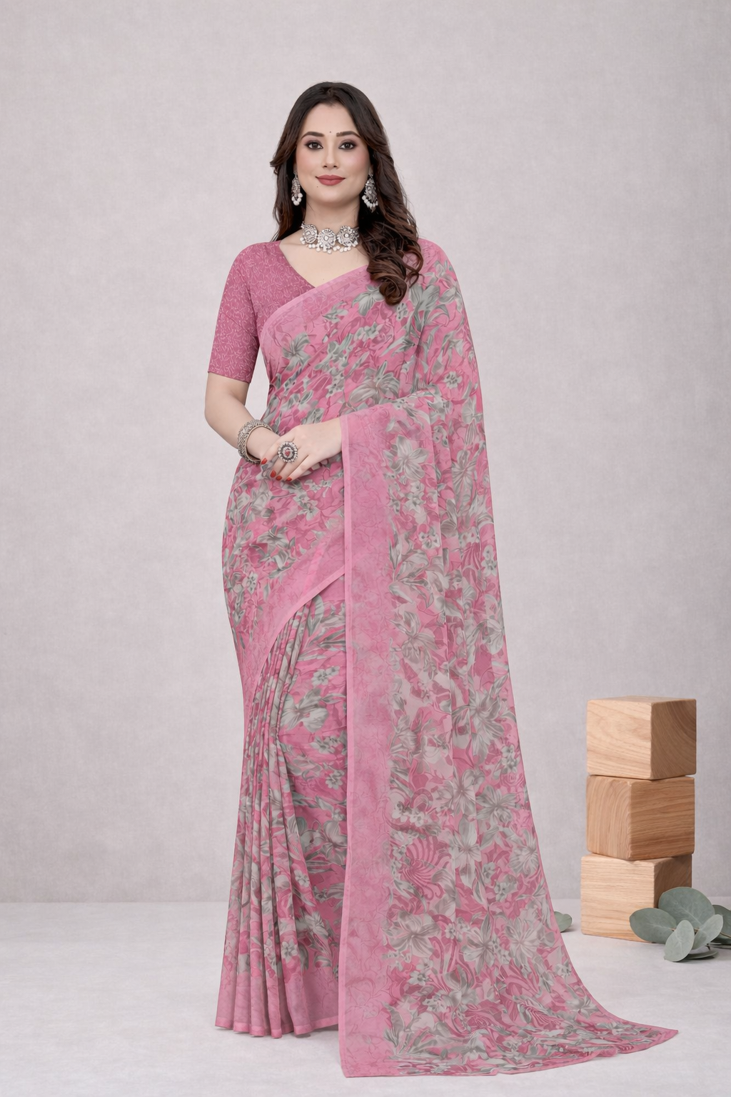 Srishti Floral Printed Saree – Elegant Pink Designer Party Wear Saree