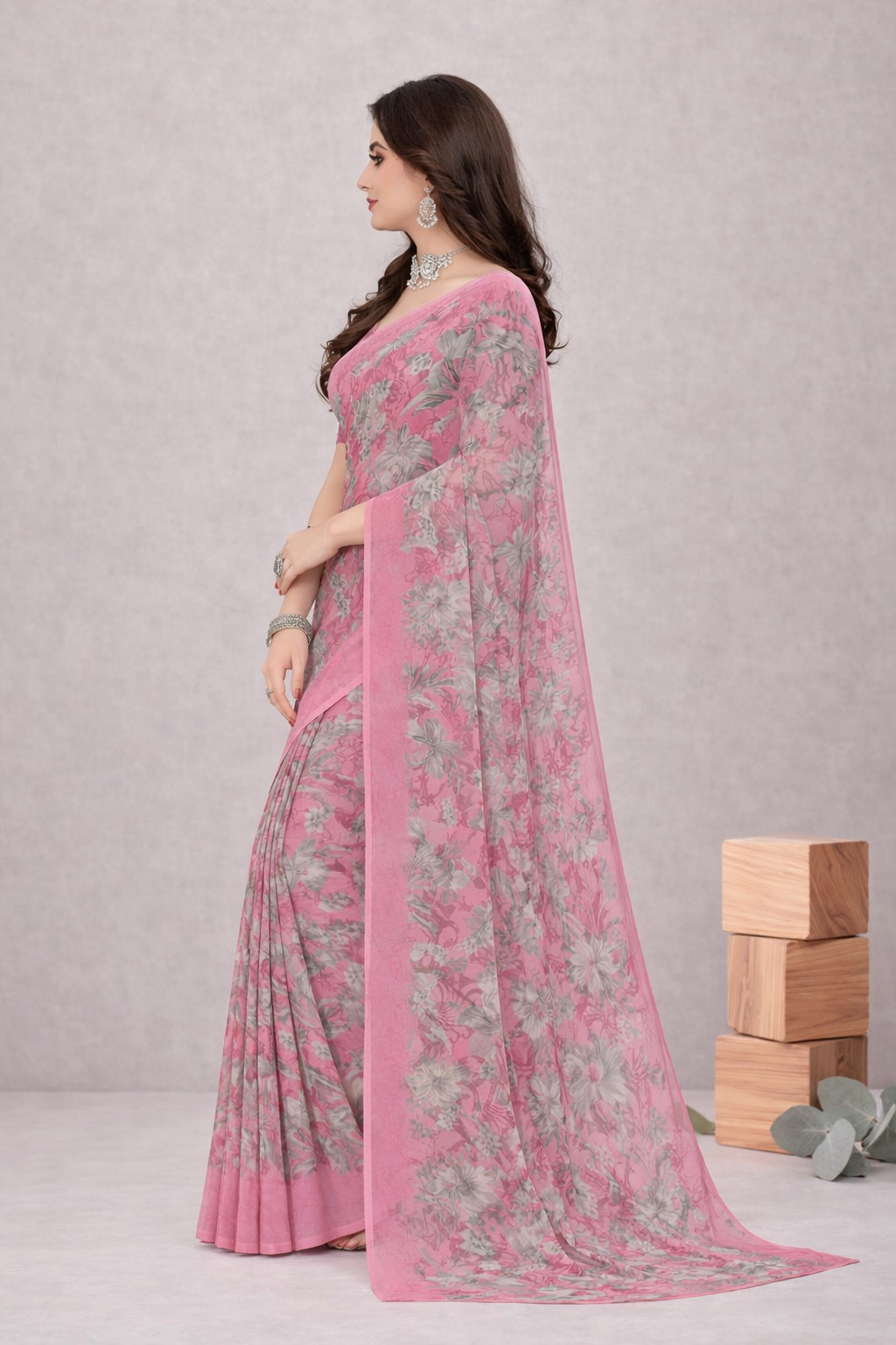 Srishti Floral Printed Saree – Elegant Pink Designer Party Wear Saree