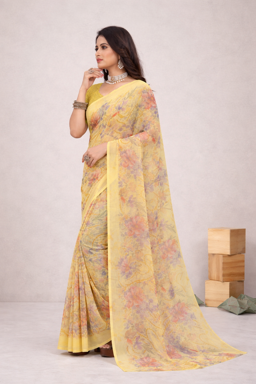 Srishti Floral Printed Saree – Elegant Yellow Designer Saree
