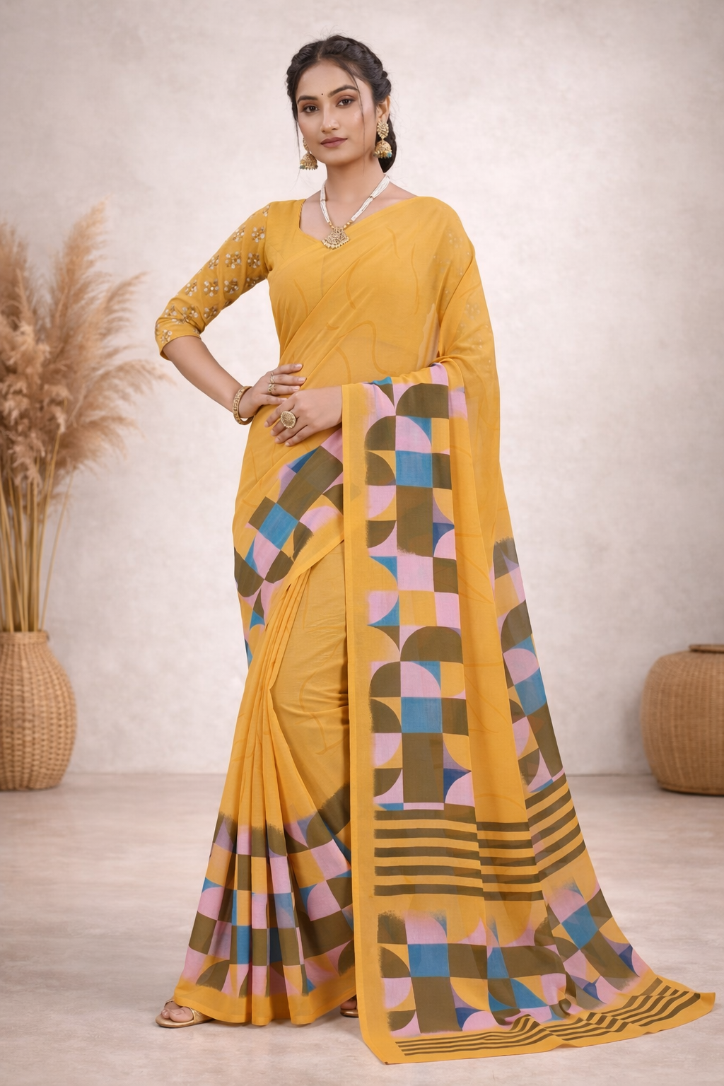 Milli Weightless Printed Saree – Mustard Yellow Designer Saree