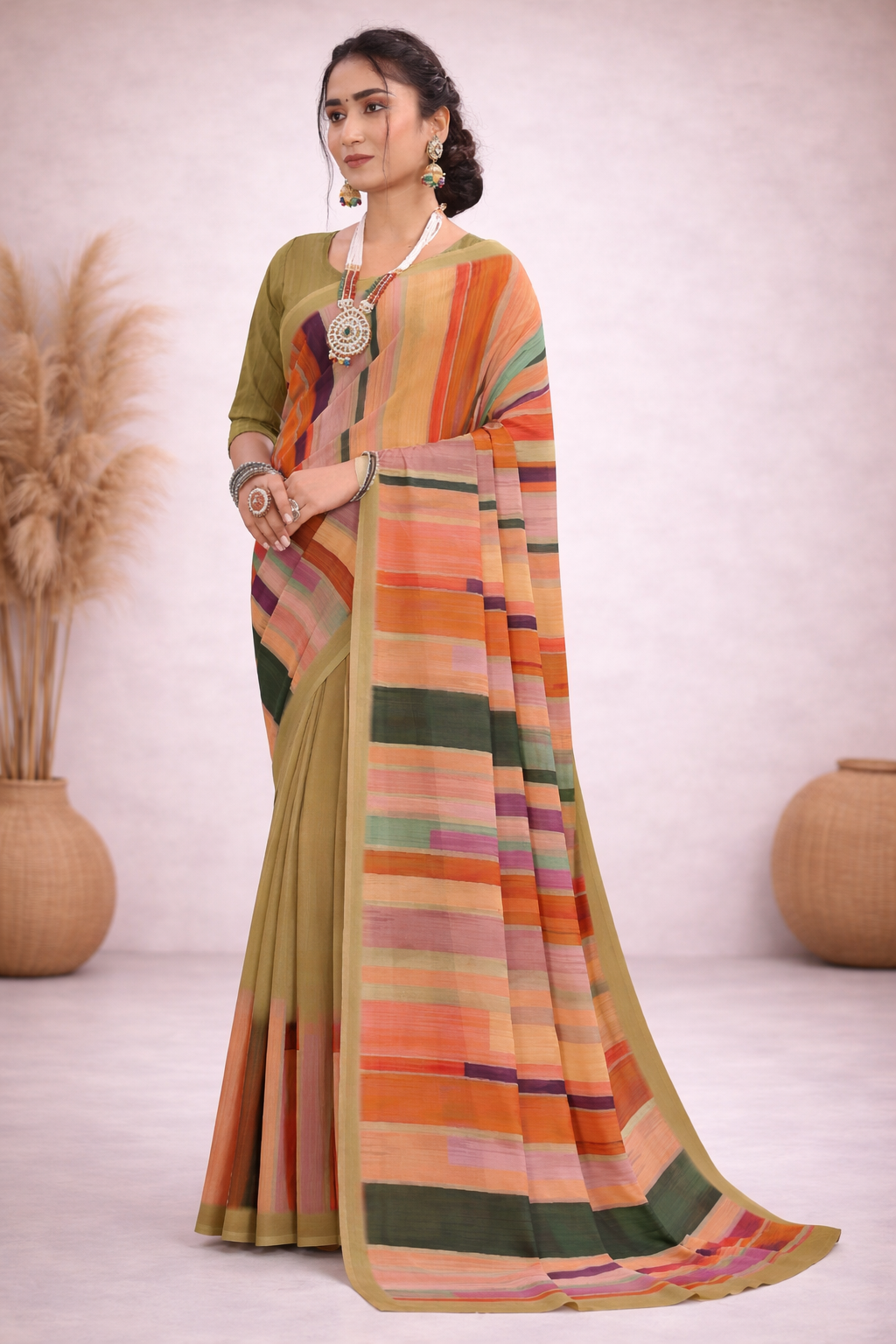 Milli Weightless Printed Saree – Elegant Olive Multicolor Striped Designer Saree