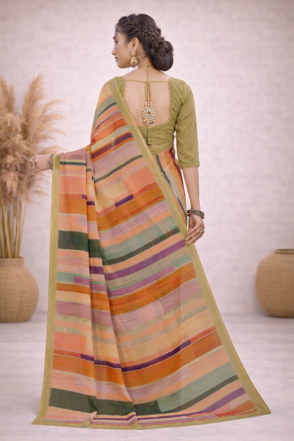 Milli Weightless Printed Saree – Elegant Olive Multicolor Striped Designer Saree
